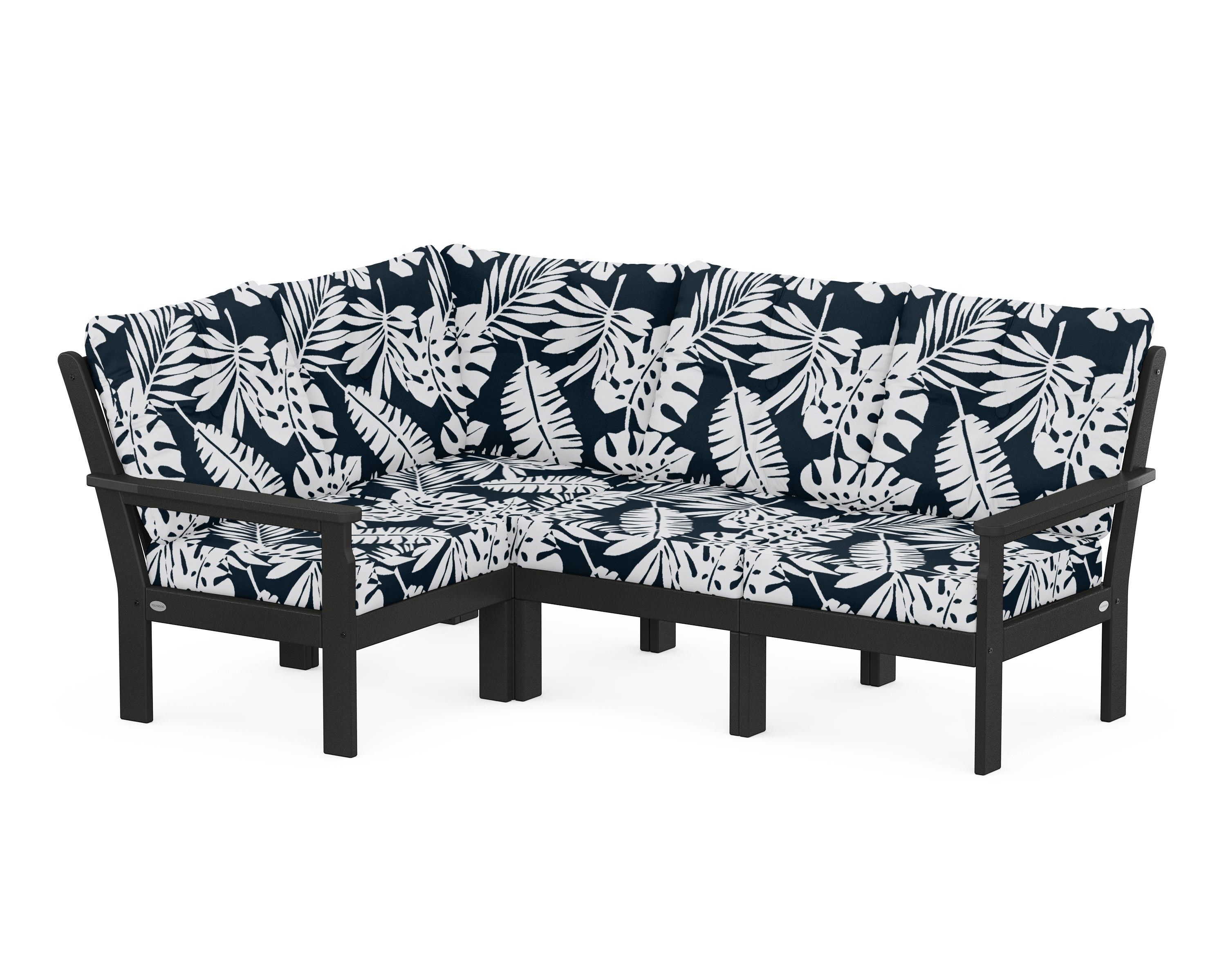 POLYWOOD® Vineyard 4-Piece Sectional in Black / Leaf Marine Indigo