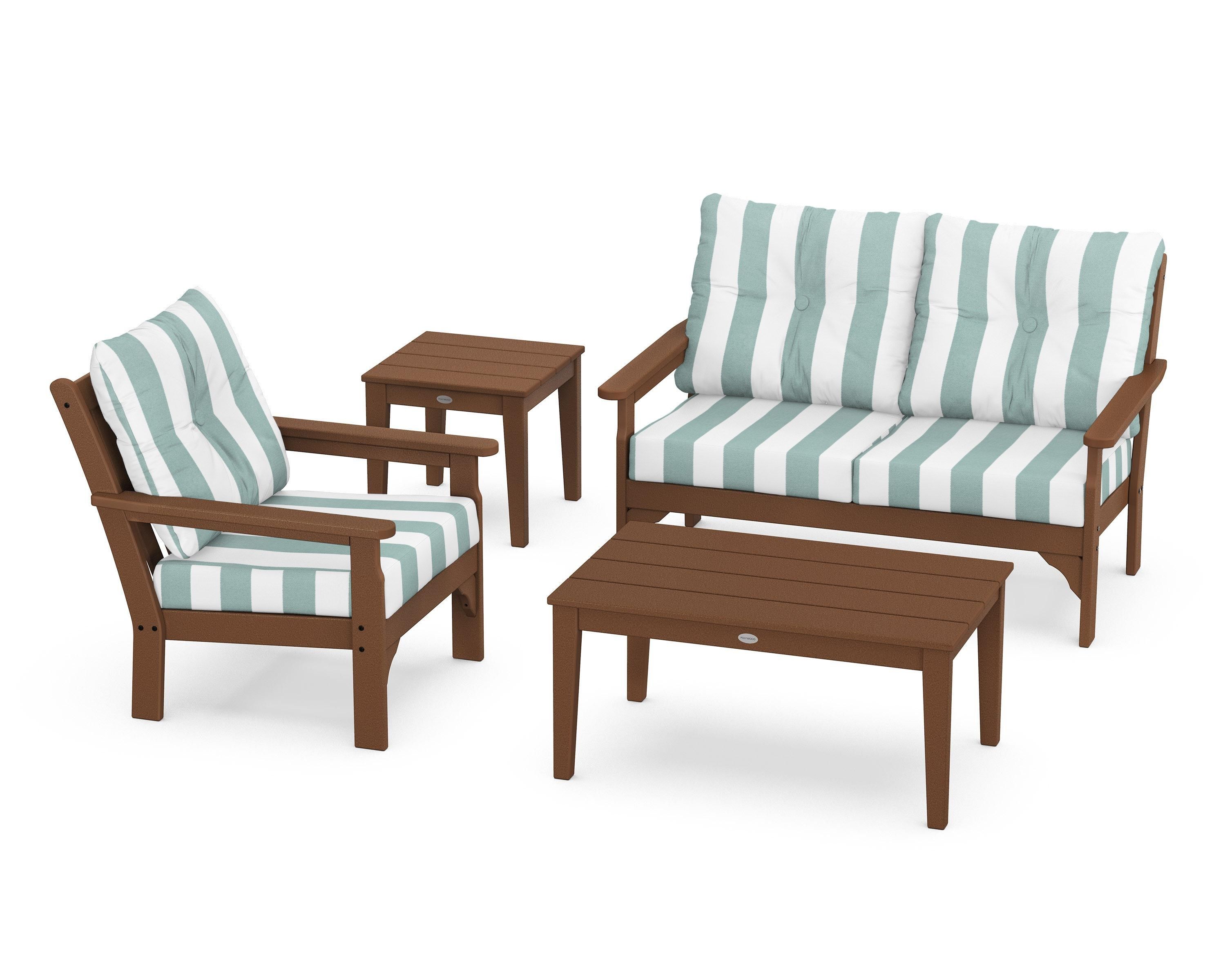 POLYWOOD® Vineyard 4-Piece Deep Seating Set in Teak / Cabana Stripe Glacier Spa