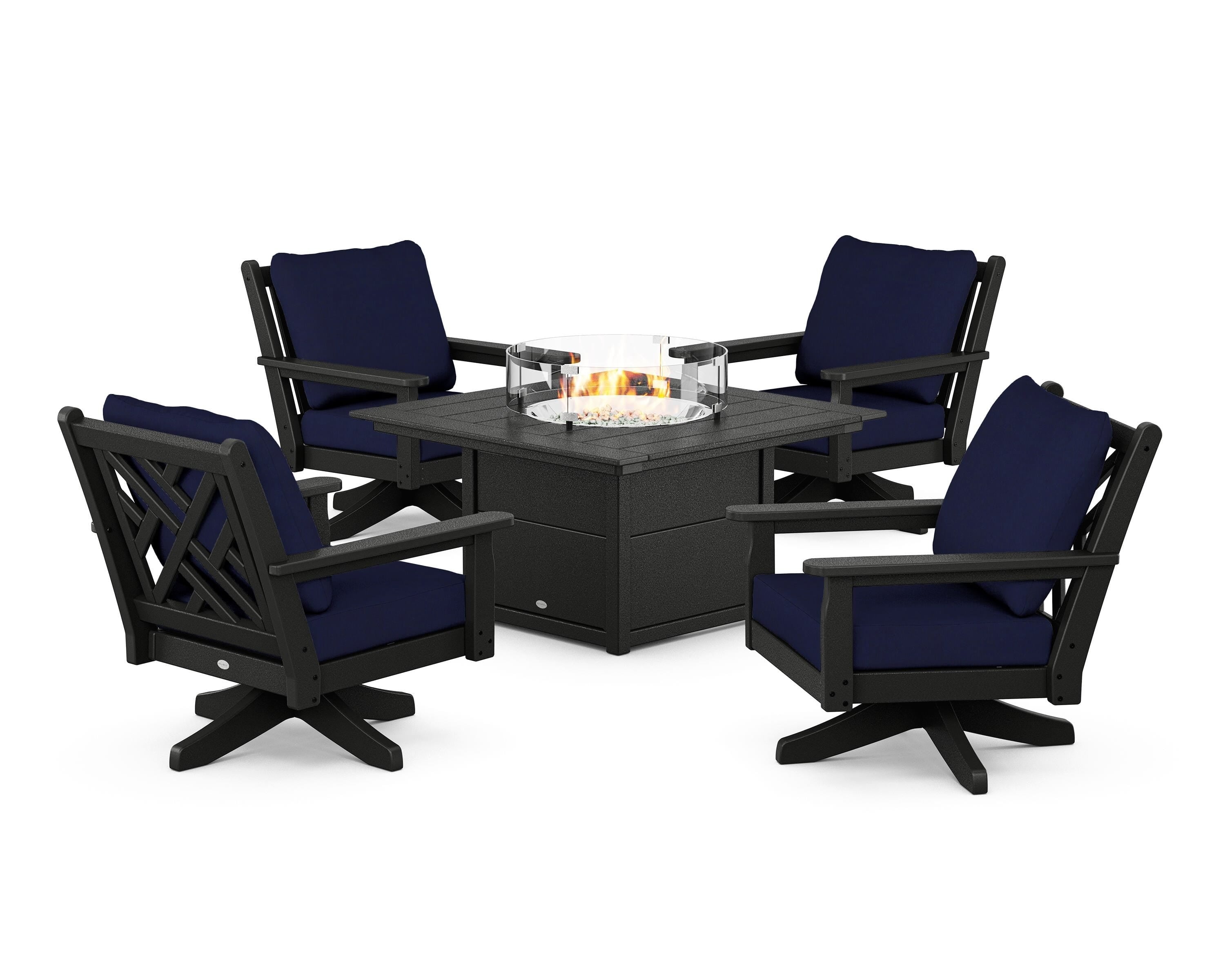 POLYWOOD® Chippendale 5-Piece Deep Seating Swivel Conversation Set with Fire Pit Table in Black / Navy