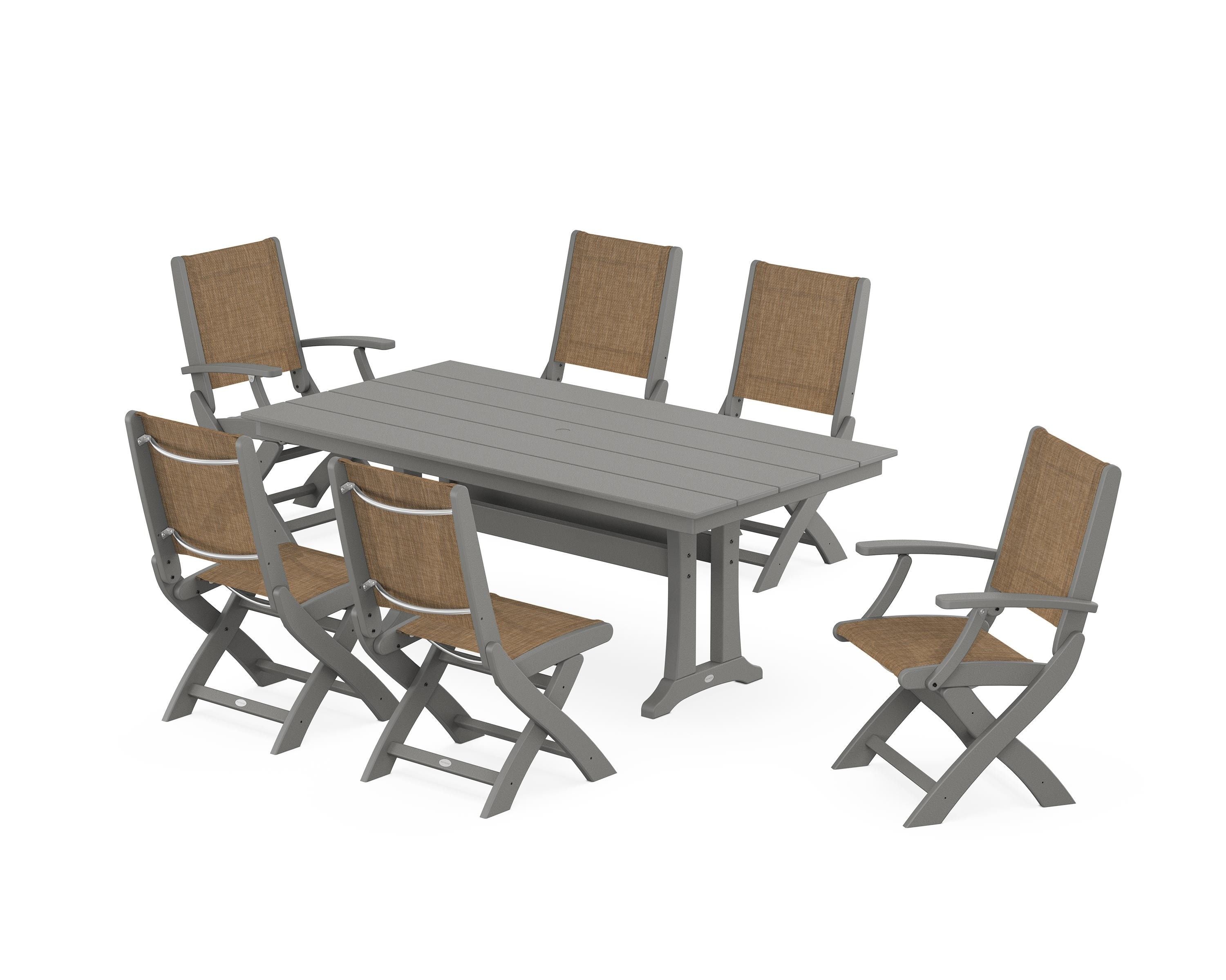 POLYWOOD® Coastal Folding Chair 7-Piece Farmhouse Dining Set with Trestle Legs in Slate Grey / Burlap Sling