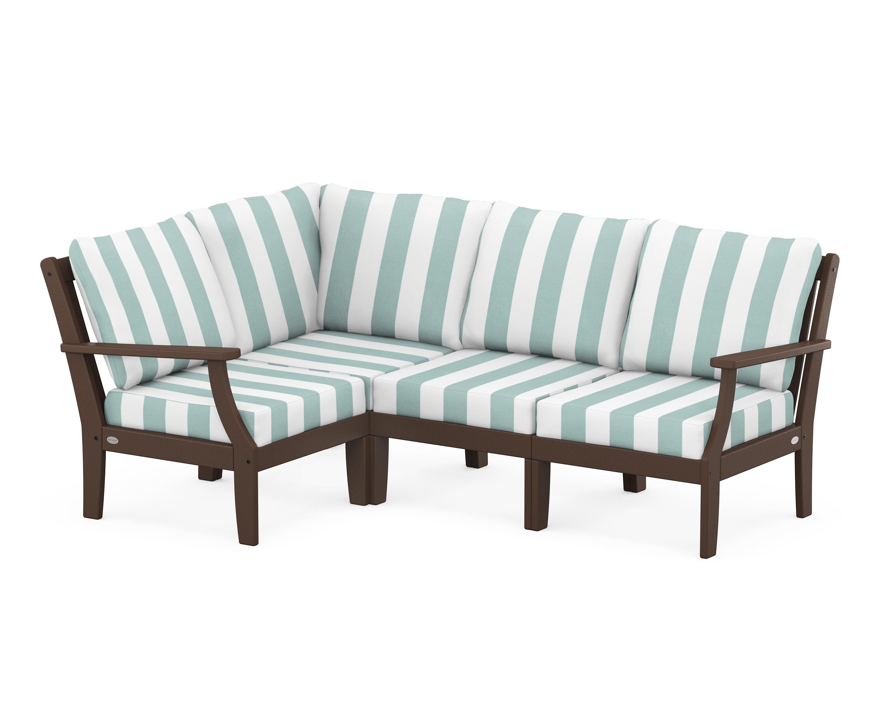 POLYWOOD® Braxton Modular 4-Piece Deep Seating Set in Mahogany / Cabana Stripe Glacier Spa