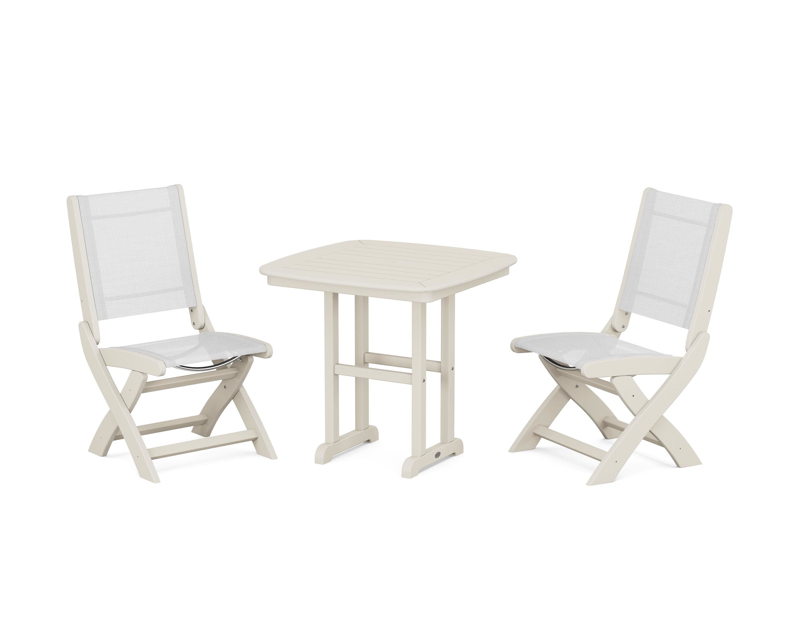 POLYWOOD® Coastal Folding Side Chair 3-Piece Dining Set in Sand / White Sling