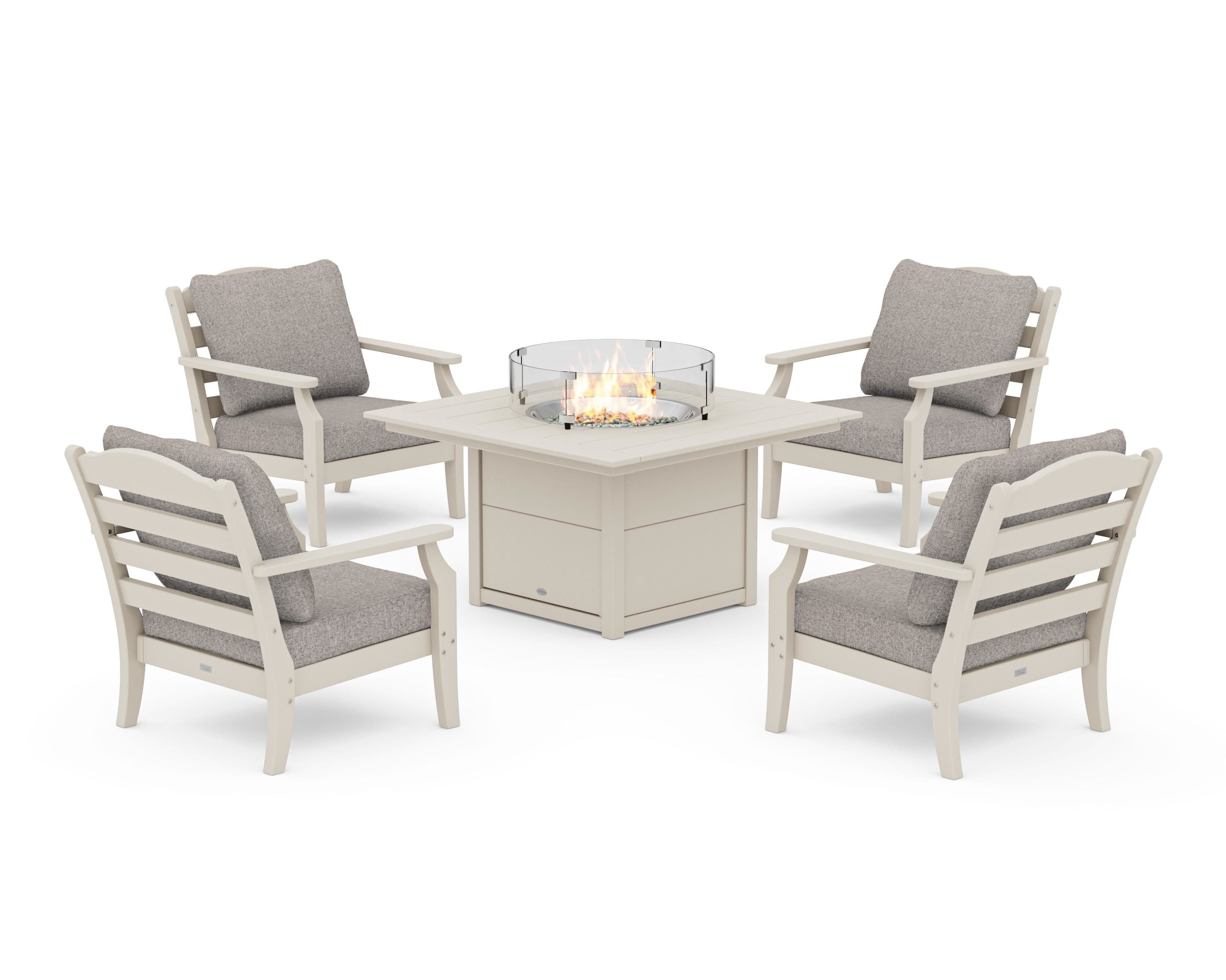 Draper James™ by POLYWOOD® Savannah 5-Piece Deep Seating Set with Fire Pit Table in Sand / Weathered Tweed