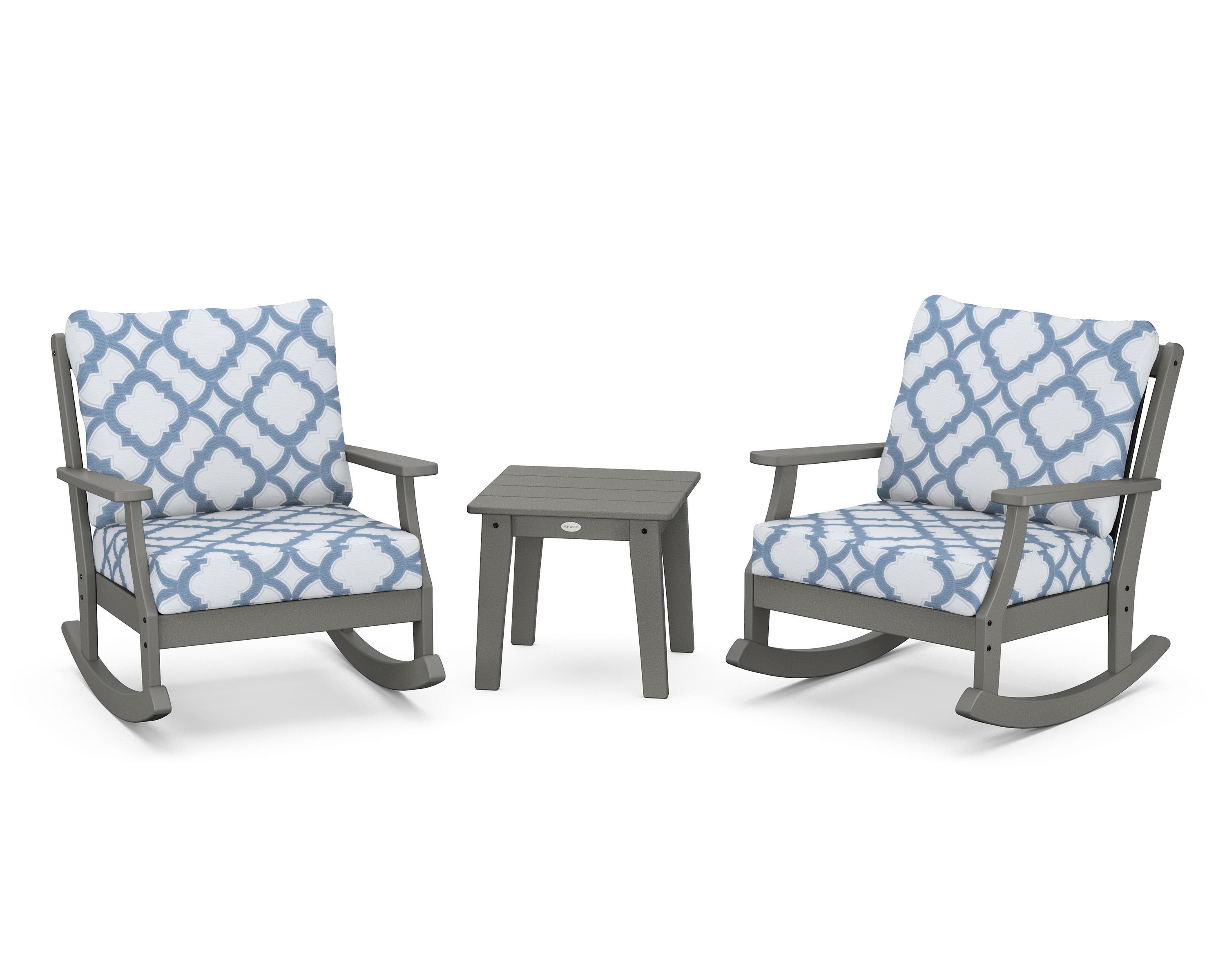 POLYWOOD® Braxton 3-Piece Deep Seating Rocker Set in Slate Grey / Trellis Sky Blue