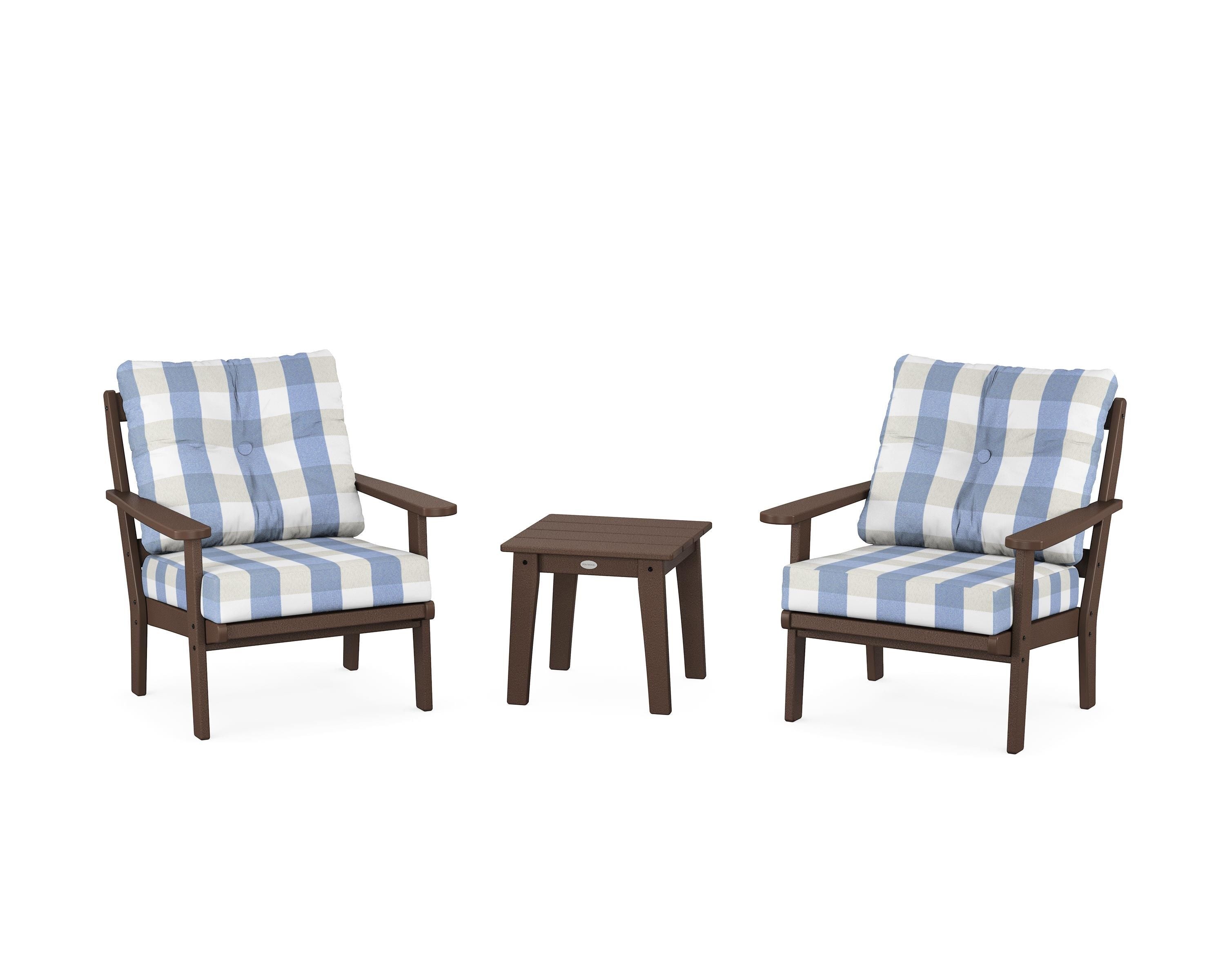 POLYWOOD® Mission 3-Piece Deep Seating Set in Mahogany / Buffalo Plaid Sky Blue