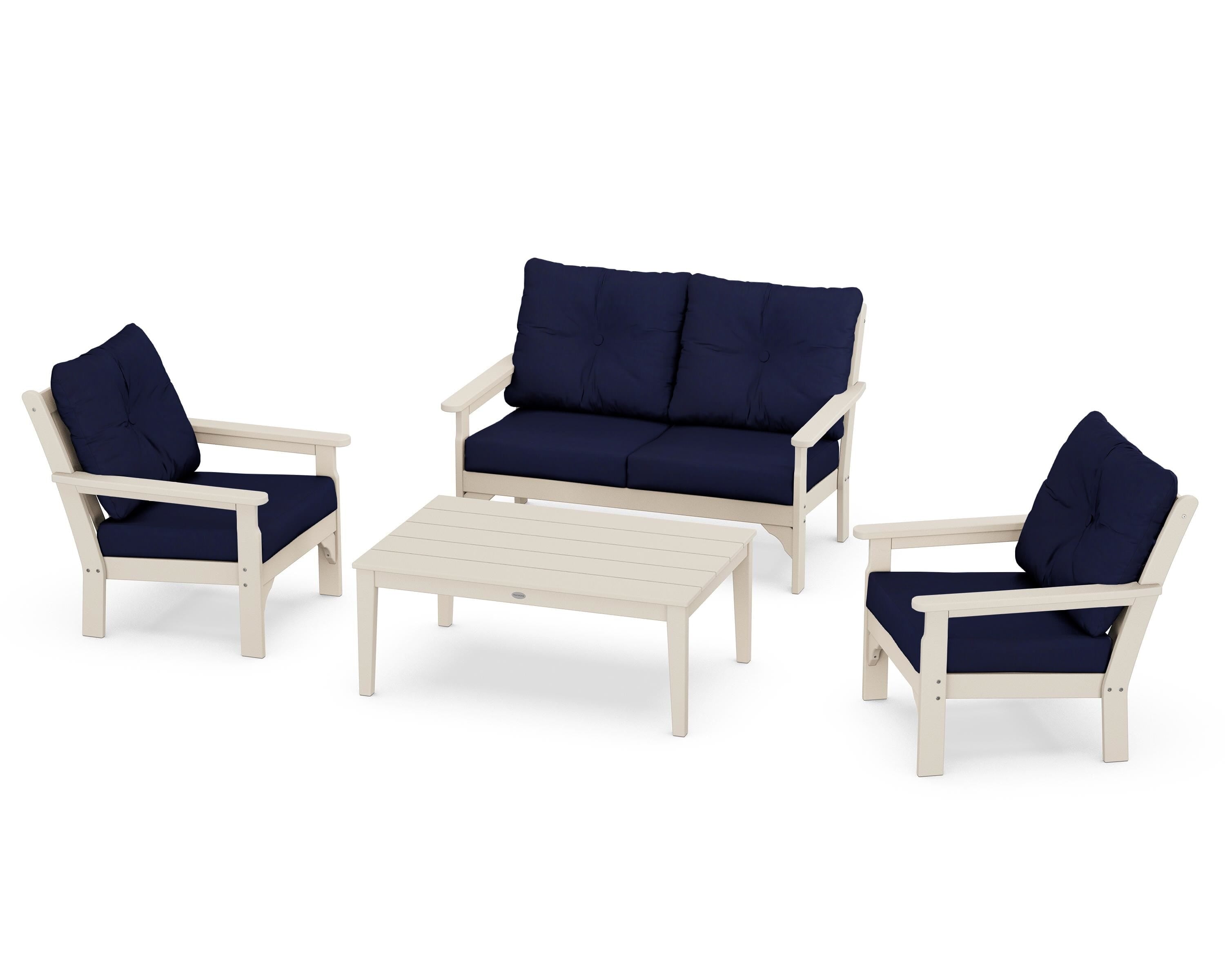 POLYWOOD® Vineyard 4-Piece Deep Seating Set in Sand / Navy