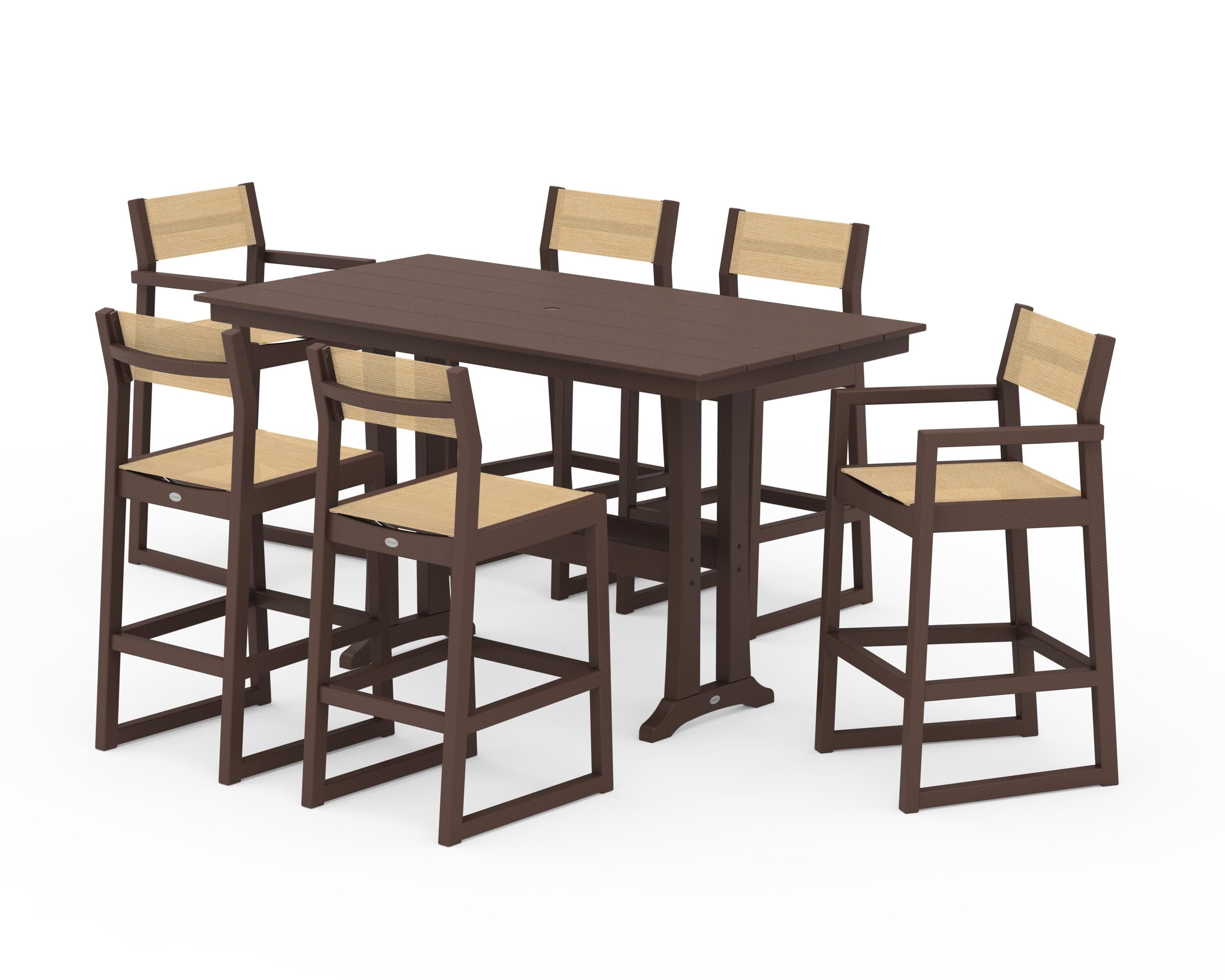 POLYWOOD® EDGE Sling 7-Piece Farmhouse Bar Set with Trestle Legs in Mahogany / Dupioni Apricot Sling
