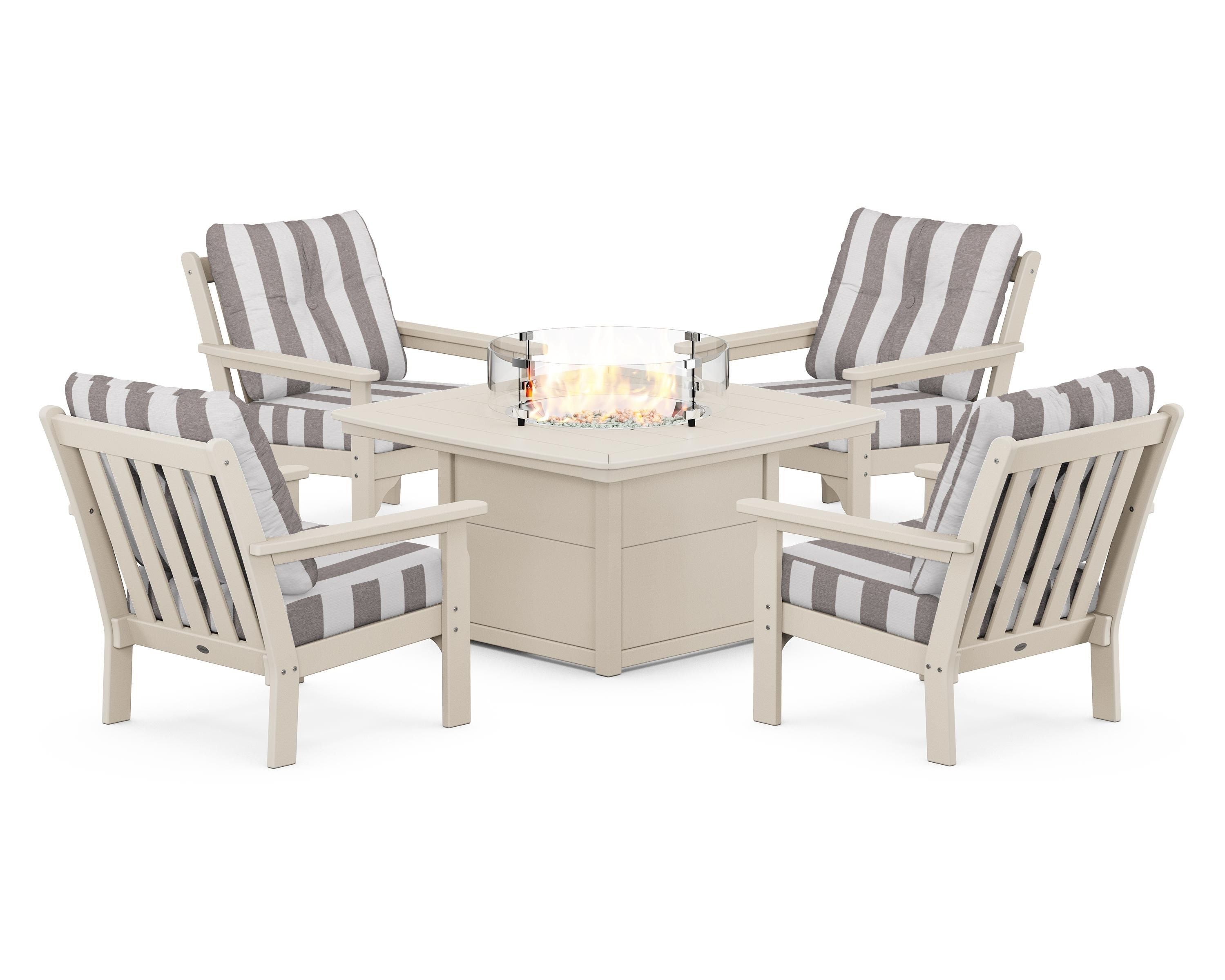 POLYWOOD® Vineyard 5-Piece Conversation Set with Fire Pit Table in Sand / Cabana Stripe Grey Mist
