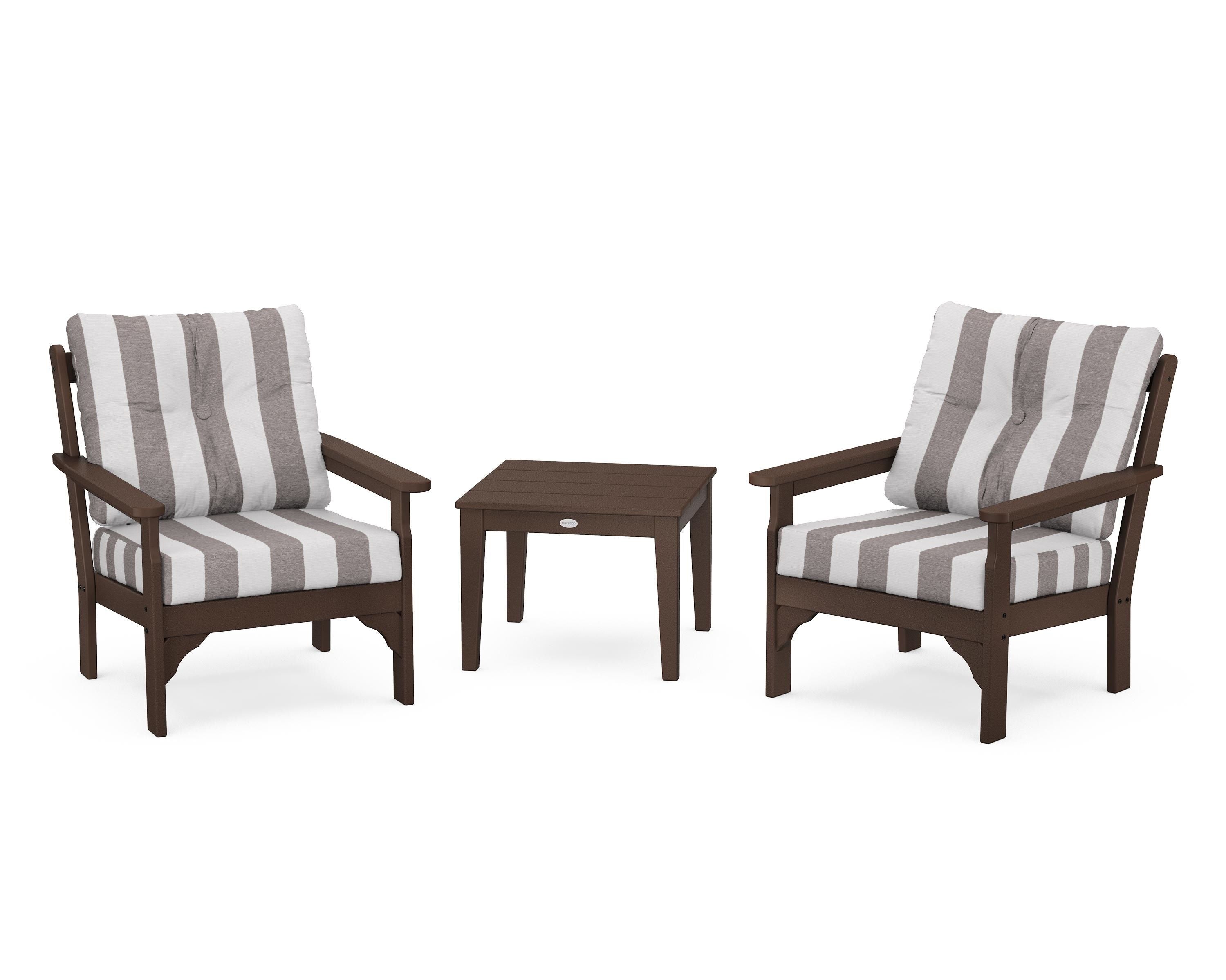 POLYWOOD® Vineyard 3-Piece Deep Seating Set in Mahogany / Cabana Stripe Grey Mist