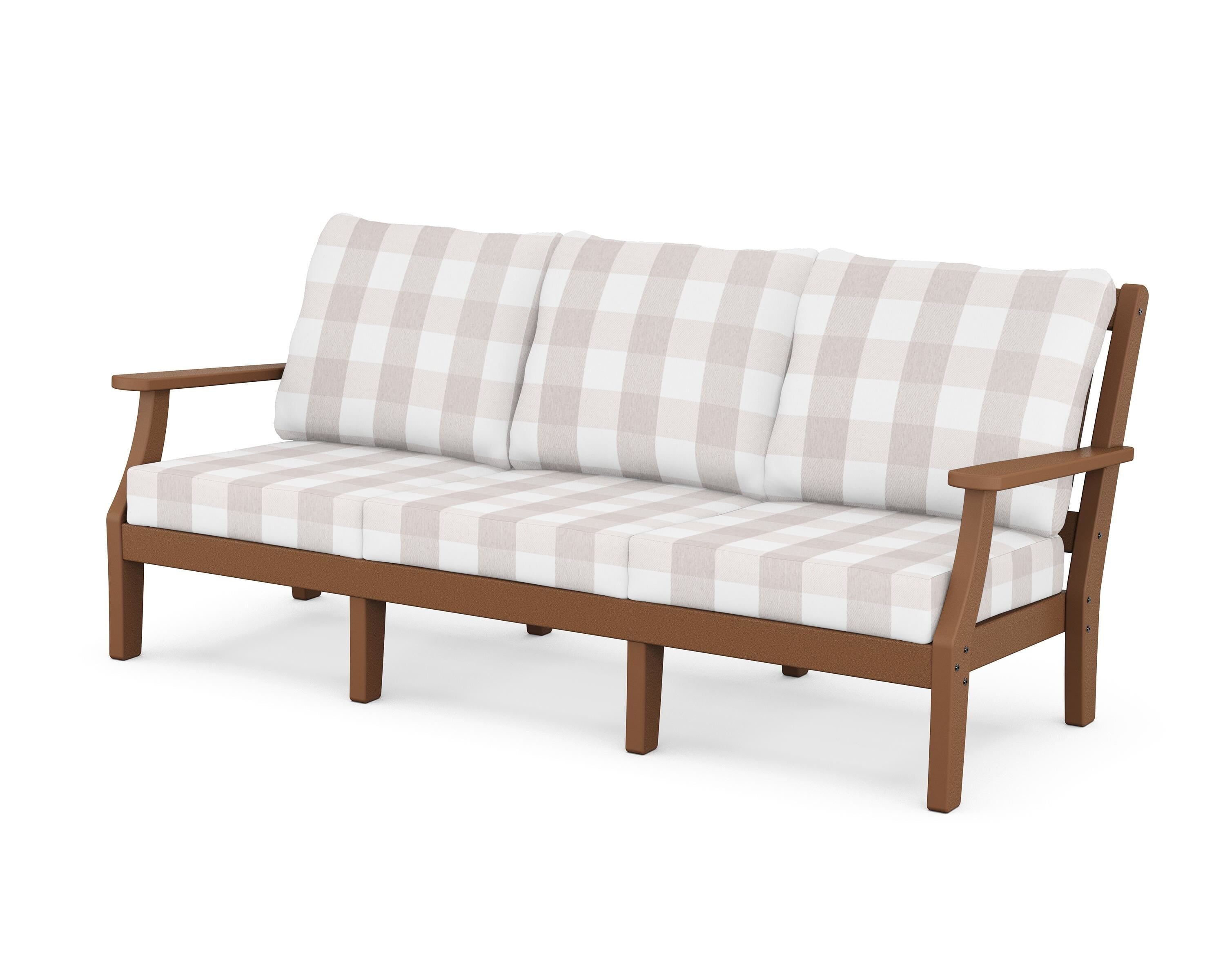 Martha Stewart by POLYWOOD® Chinoiserie Deep Seating Sofa in Teak / Buffalo Plaid Dune Burlap