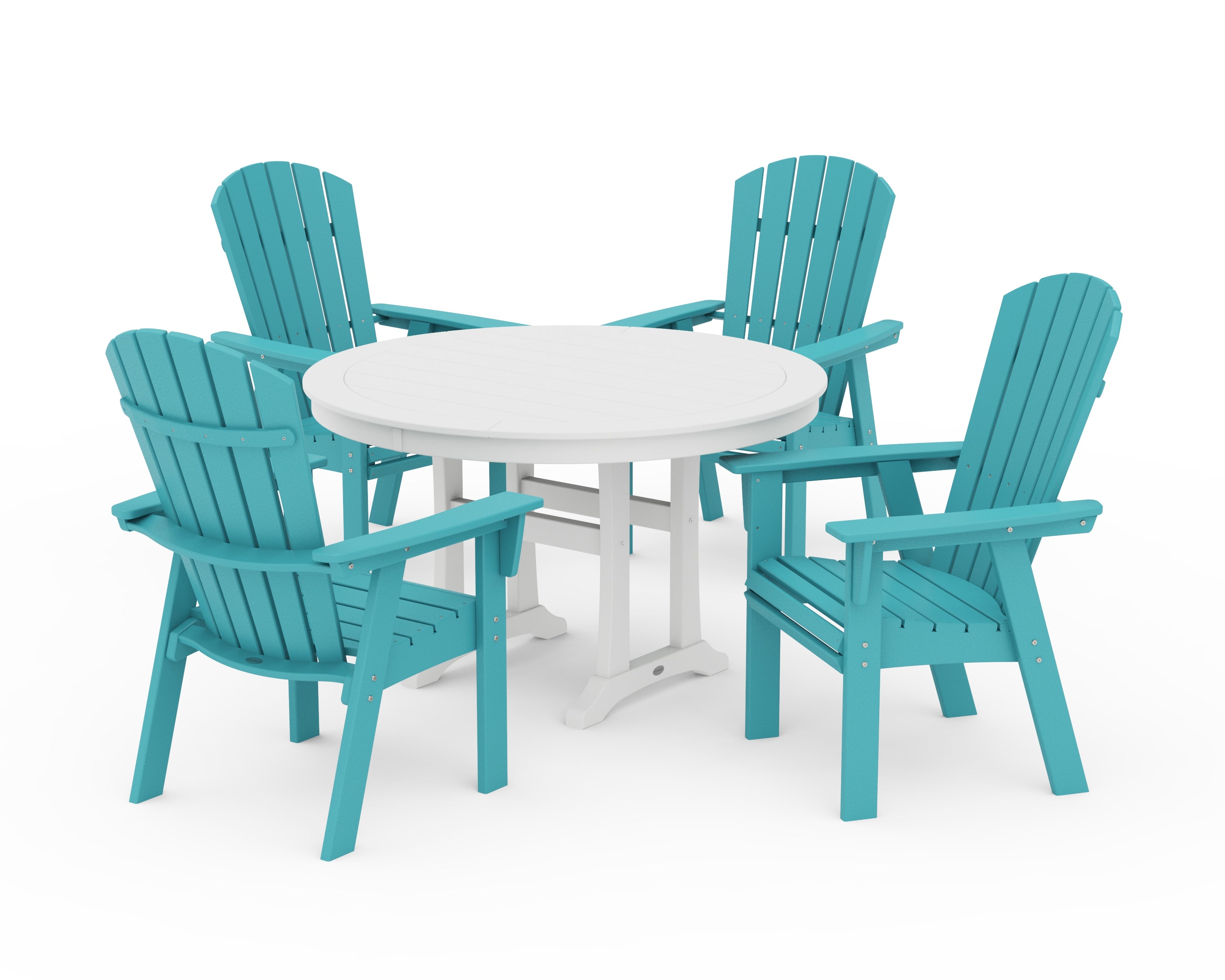 POLYWOOD® Nautical Curveback Adirondack 5-Piece Round Dining Set with Trestle Legs in Aruba / White