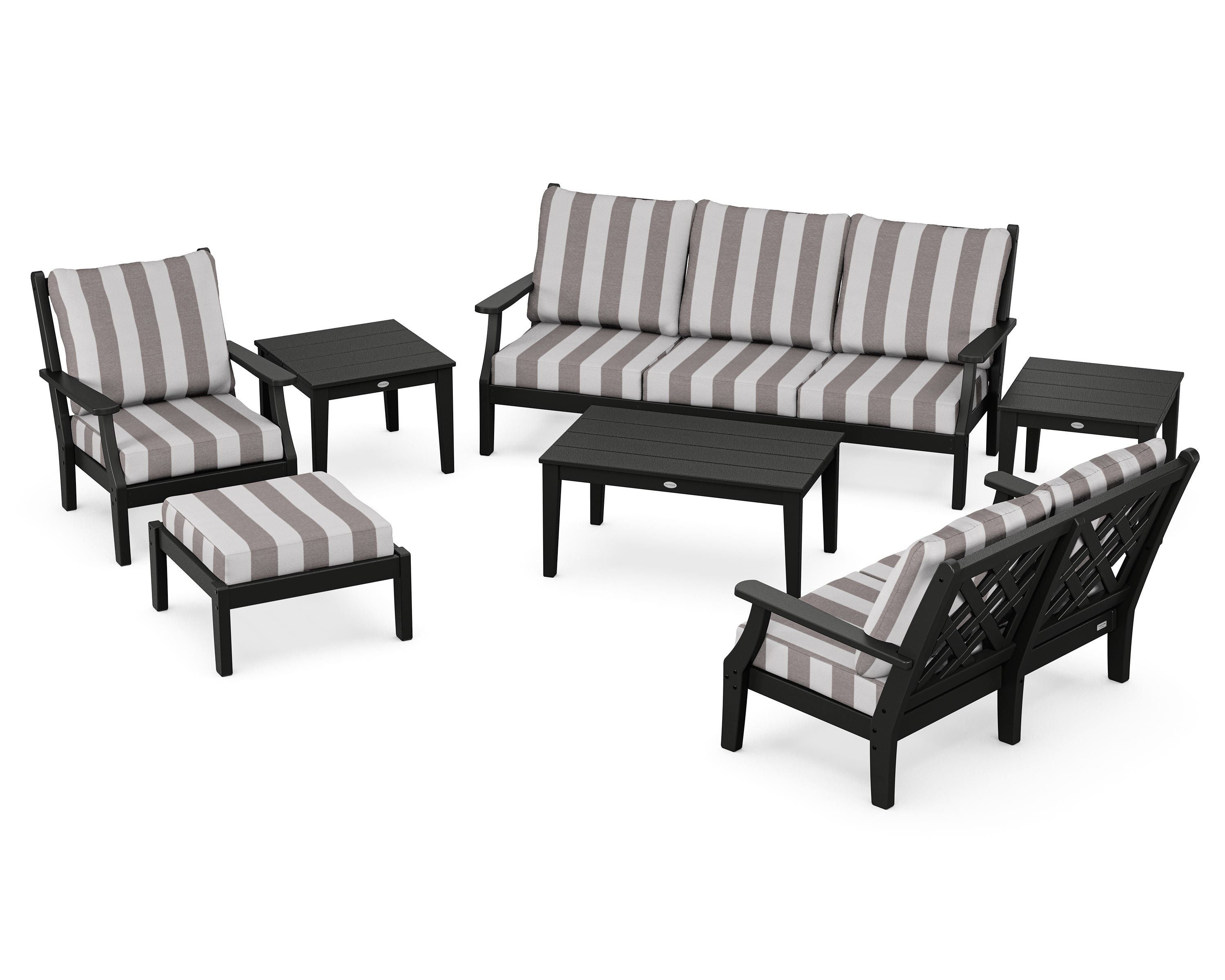 Country Living Wovendale 7-Piece Deep Seating Set in Black / Cabana Stripe Grey Mist