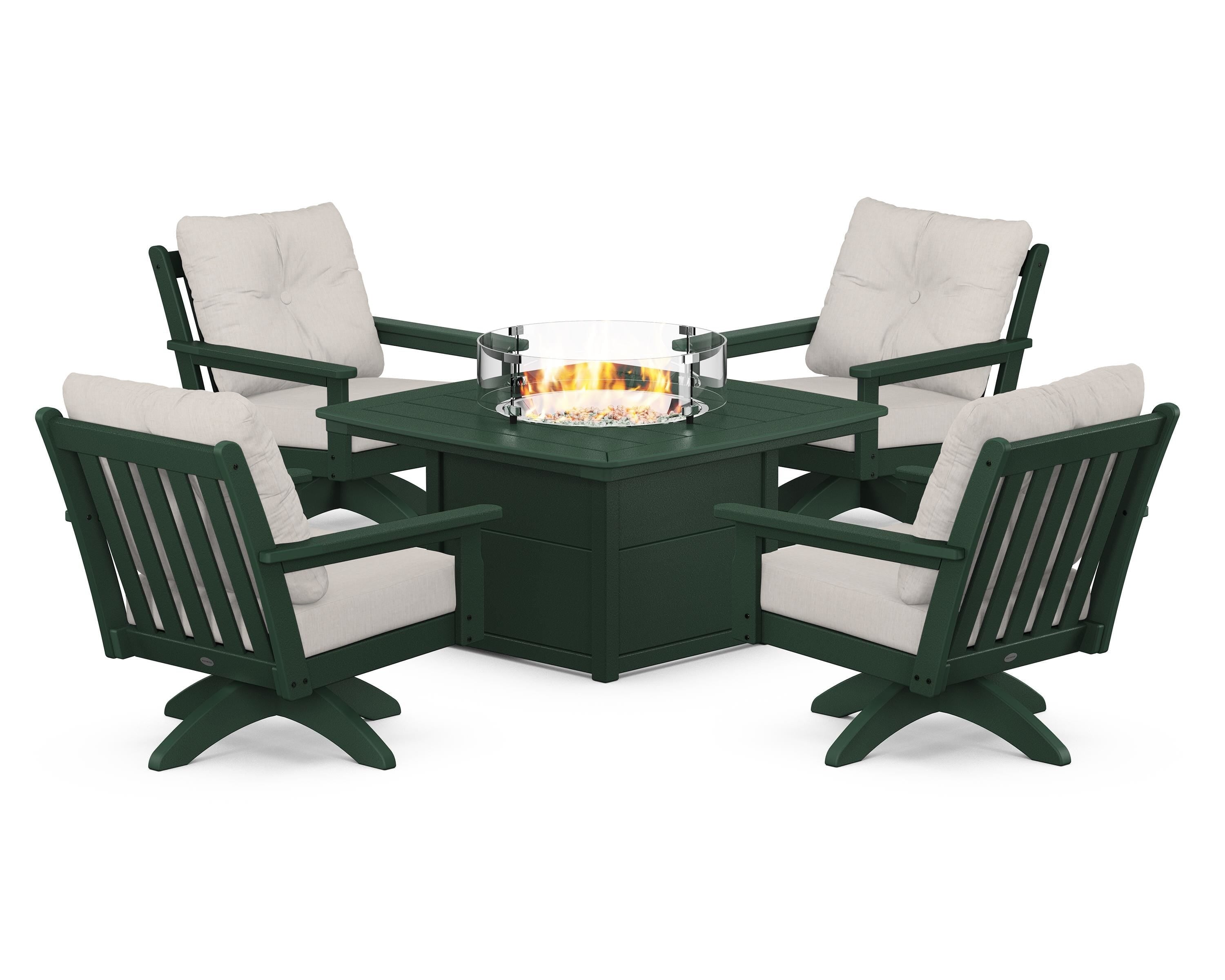POLYWOOD® Vineyard 5-Piece Deep Seating Swivel Conversation Set with Fire Pit Table in Green / Cast Ash