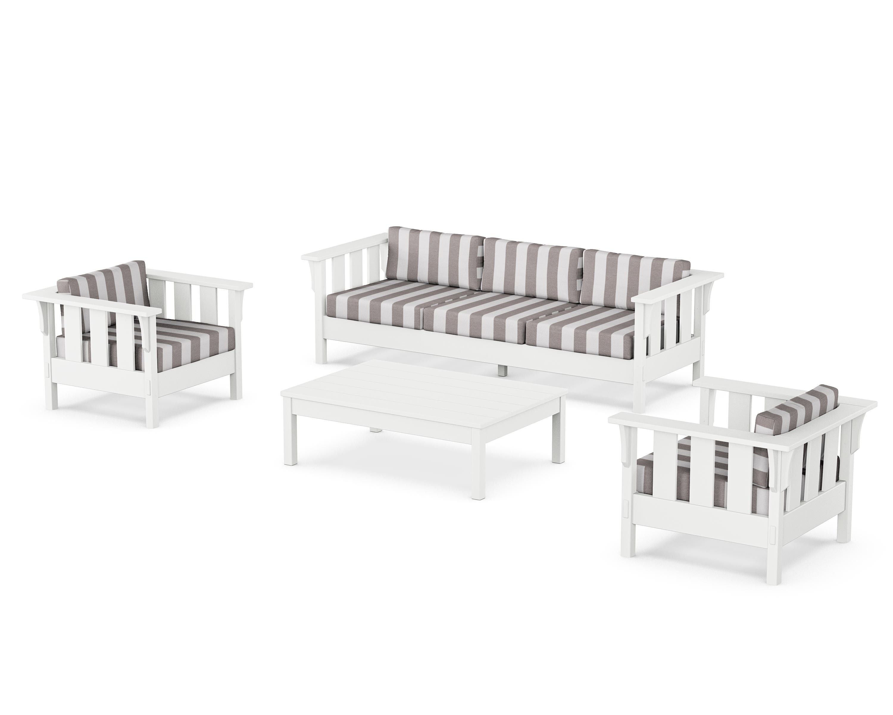 Martha Stewart by POLYWOOD® Acadia 4-Piece Deep Seating Set with Sofa in White / Cabana Stripe Grey Mist