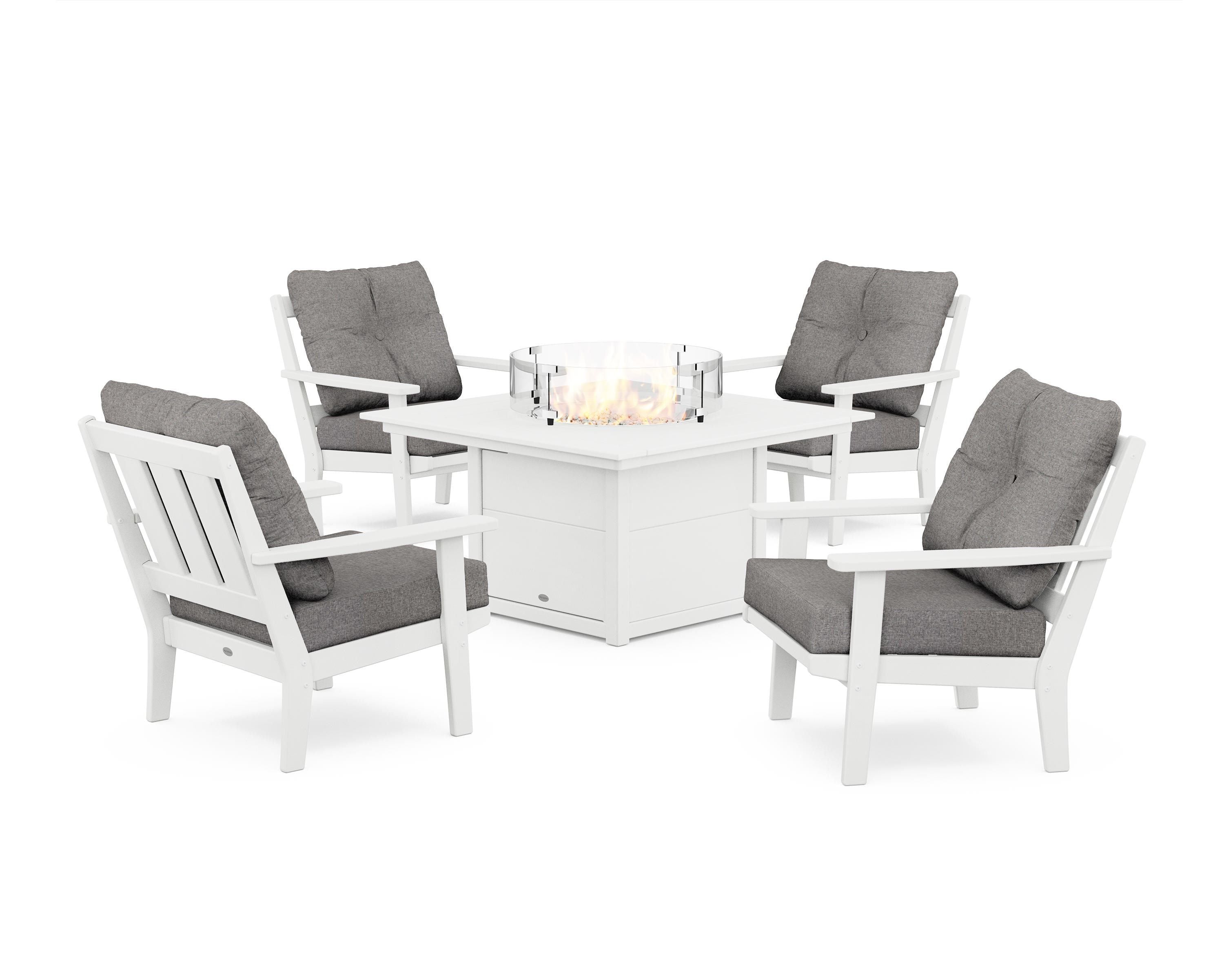POLYWOOD® Oxford 5-Piece Deep Seating Set with Fire Pit Table in White / Grey Mist