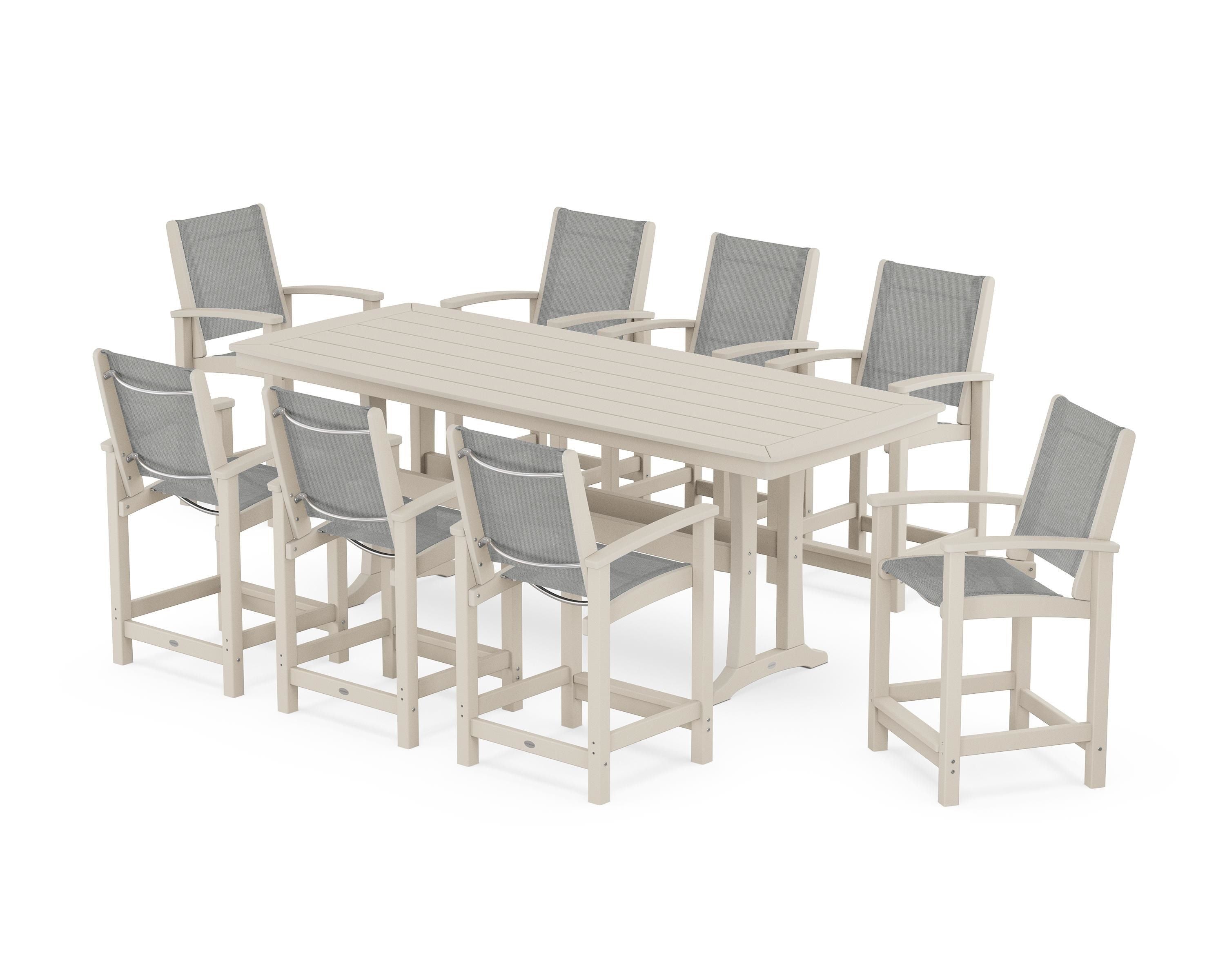 POLYWOOD® Coastal 9-Piece Counter Set with Trestle Legs in Sand / Metallic Sling