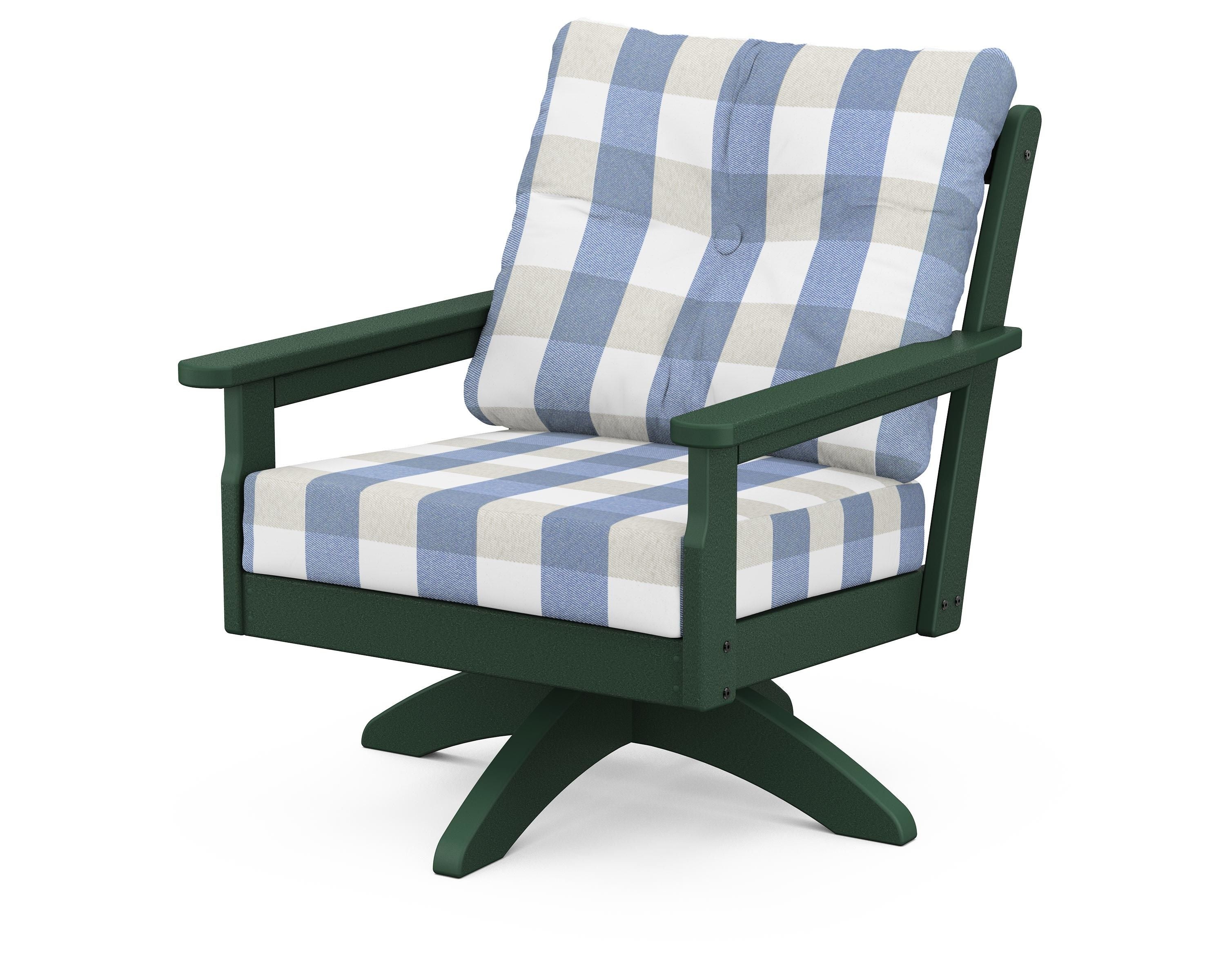 POLYWOOD® Vineyard Deep Seating Swivel Chair in Green / Buffalo Plaid Sky Blue