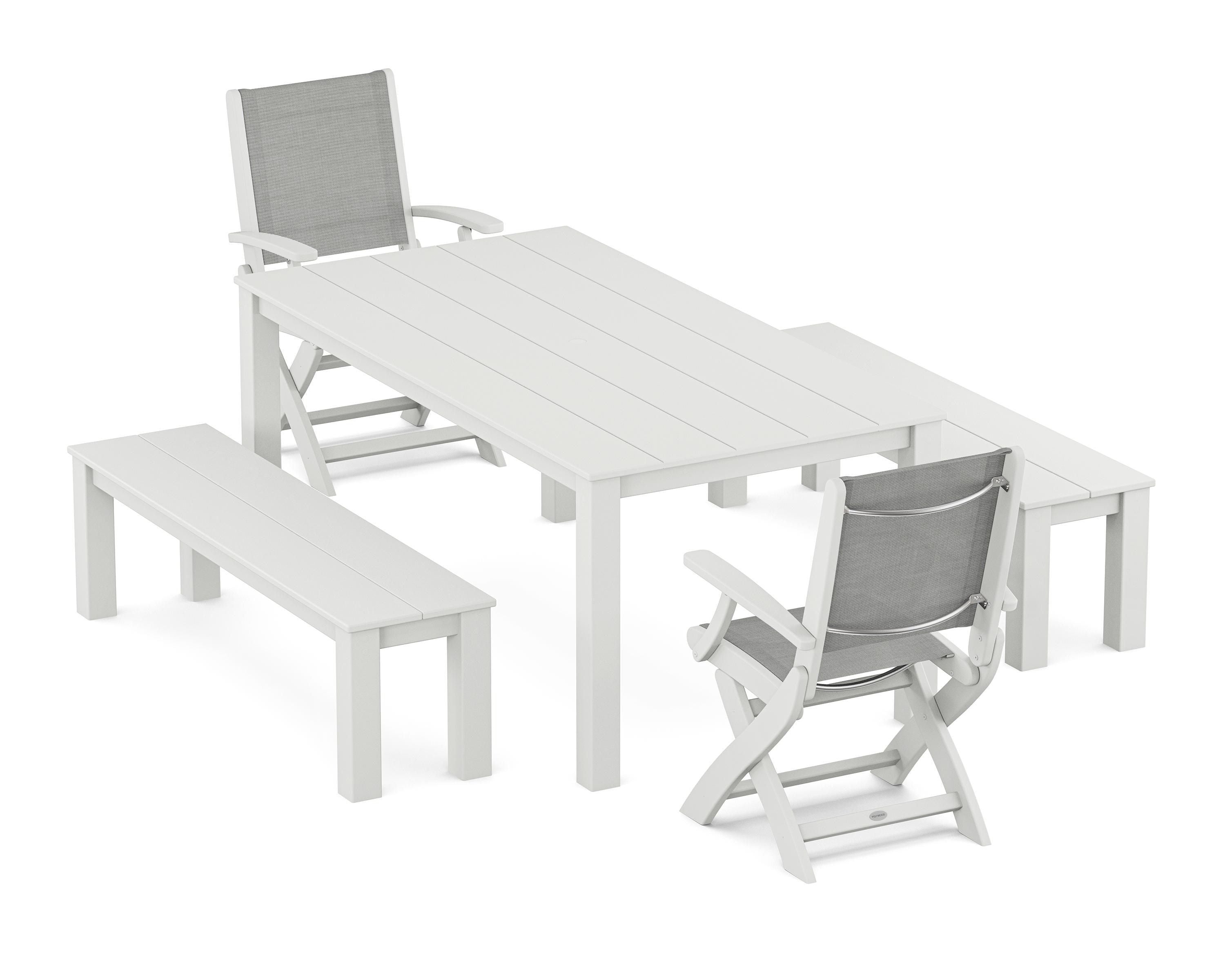 POLYWOOD® Coastal Folding Chair 5-Piece Parsons Dining Set with Benches in White / Metallic Sling