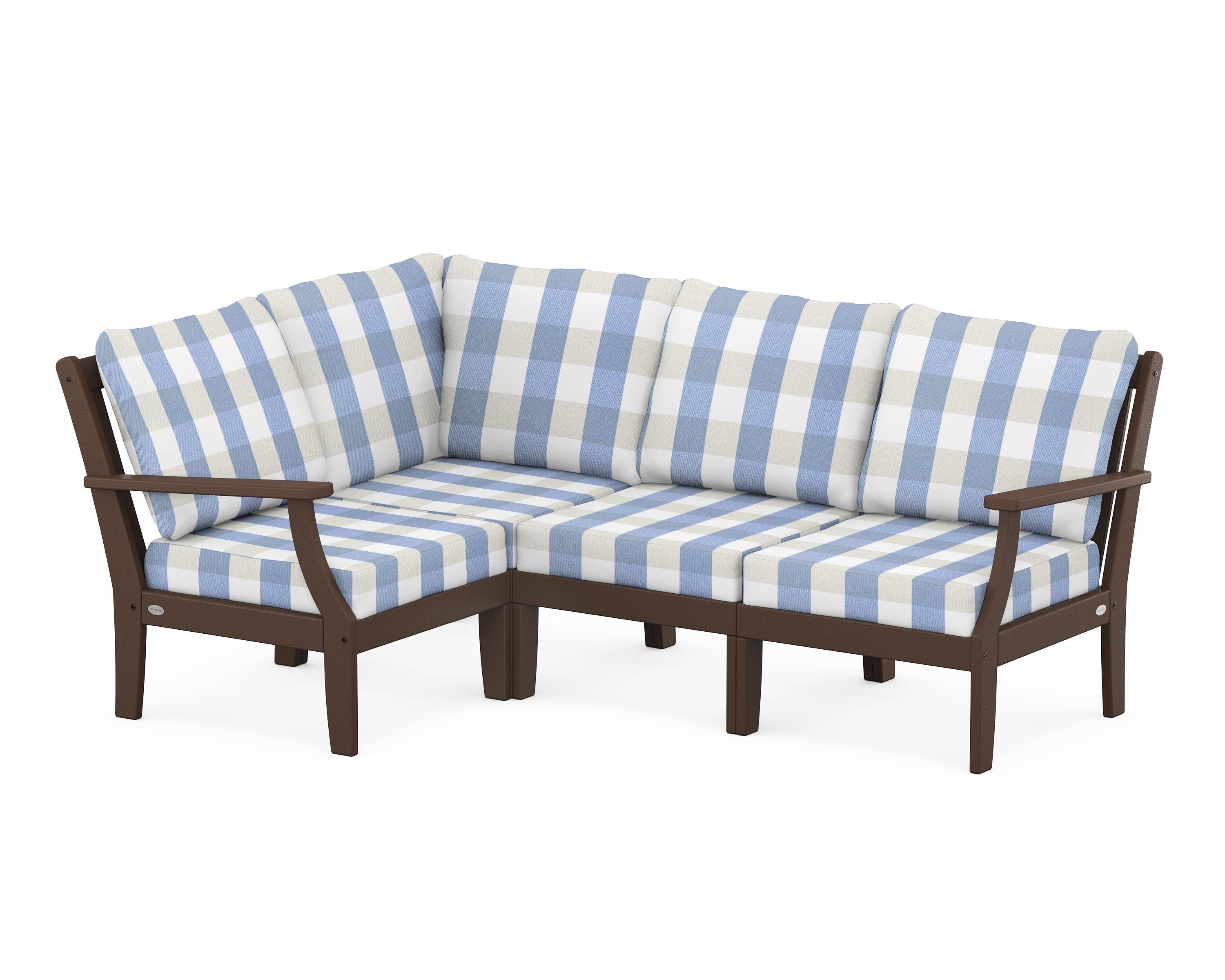 POLYWOOD® Braxton Modular 4-Piece Deep Seating Set in Mahogany / Buffalo Plaid Sky Blue