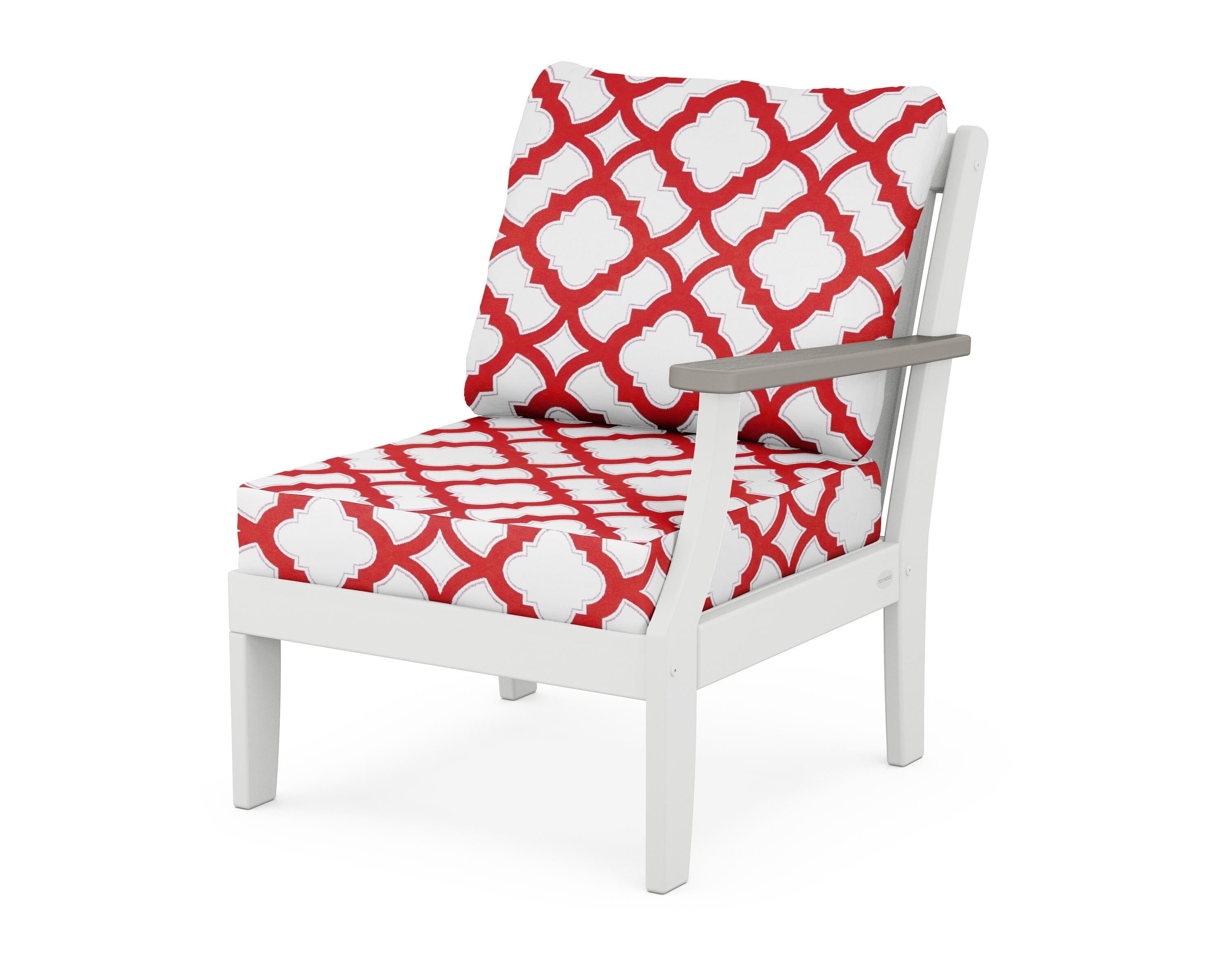 POLYWOOD® Braxton Modular Right Arm Chair in White / Driftwood / Trellis Crimson