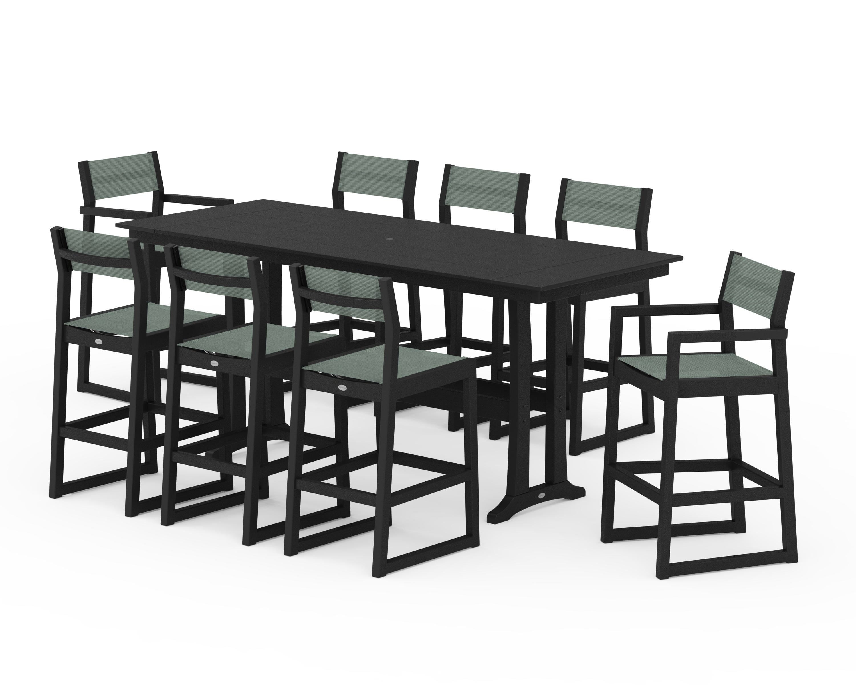 POLYWOOD® EDGE Sling 9-Piece Farmhouse Bar Set with Trestle Legs in Black / Dupioni Sea Mist Sling