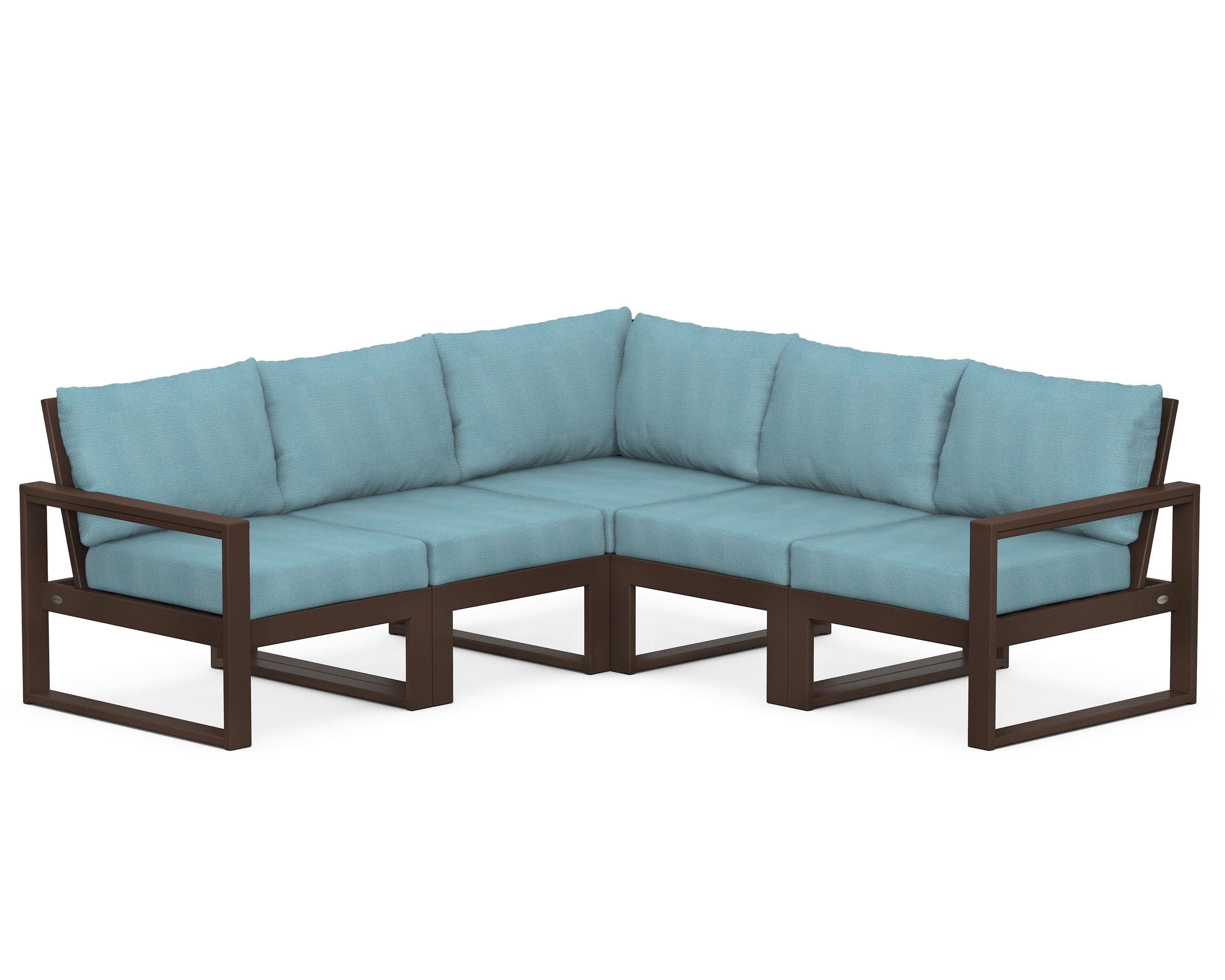 POLYWOOD® EDGE 5-Piece Modular Deep Seating Set in Mahogany / Lattice Sky Blue