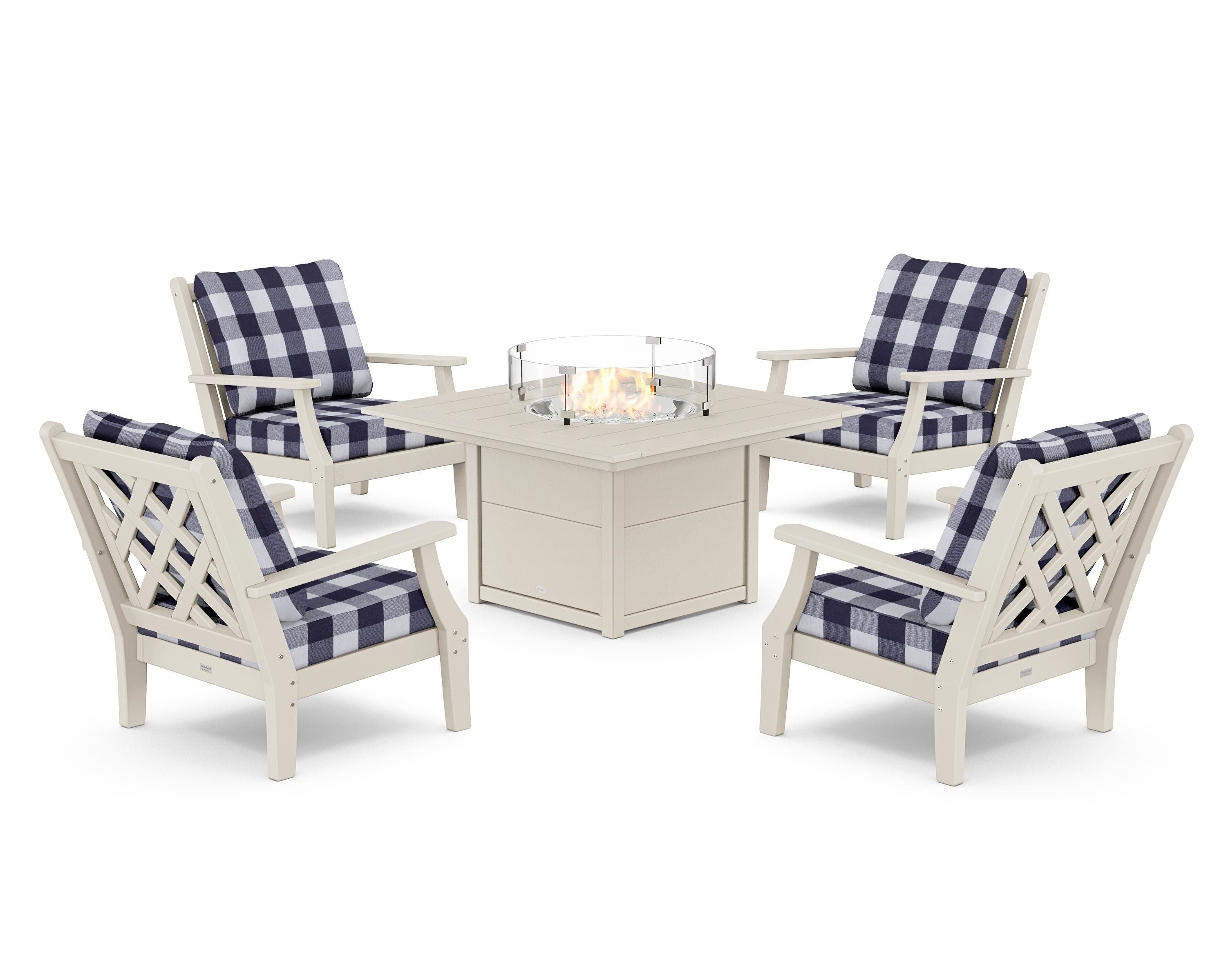 Country Living Wovendale 5-Piece Deep Seating Set with Fire Pit Table in Sand / Buffalo Plaid Navy