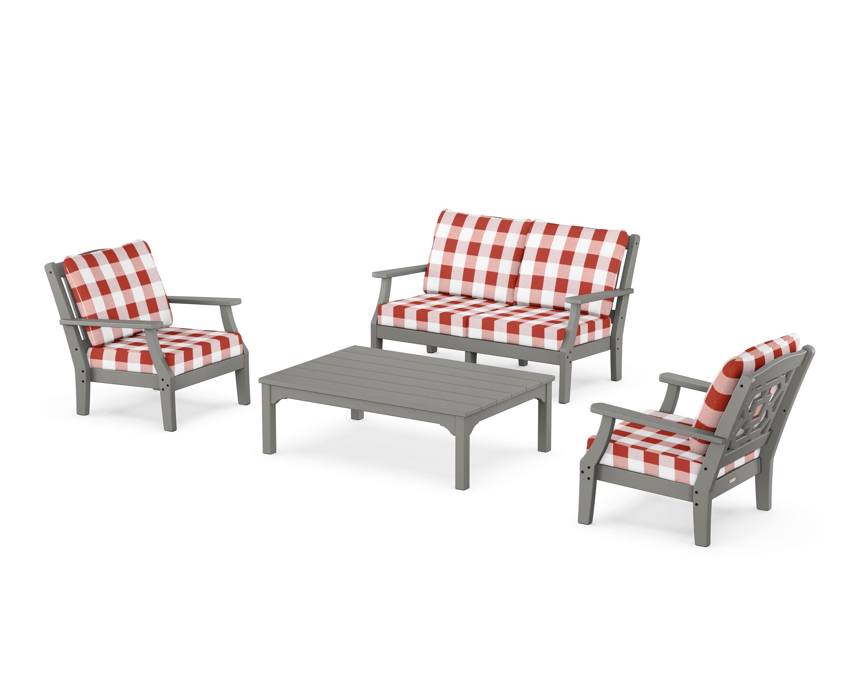 Martha Stewart by POLYWOOD® Chinoiserie 4-Piece Deep Seating Set with Loveseat in Slate Grey / Buffalo Plaid Crimson