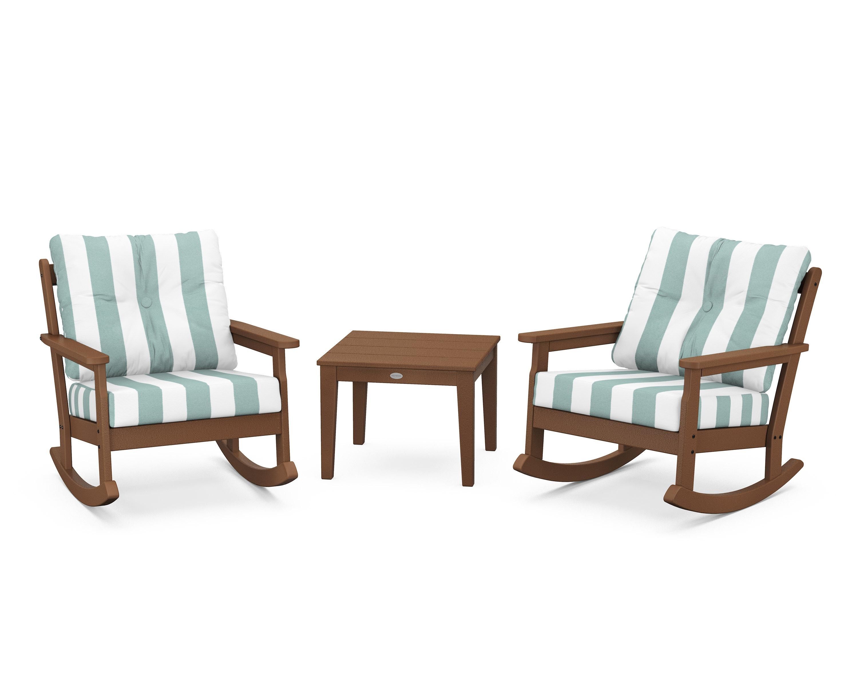 POLYWOOD® Vineyard 3-Piece Deep Seating Rocker Set in Teak / Cabana Stripe Glacier Spa