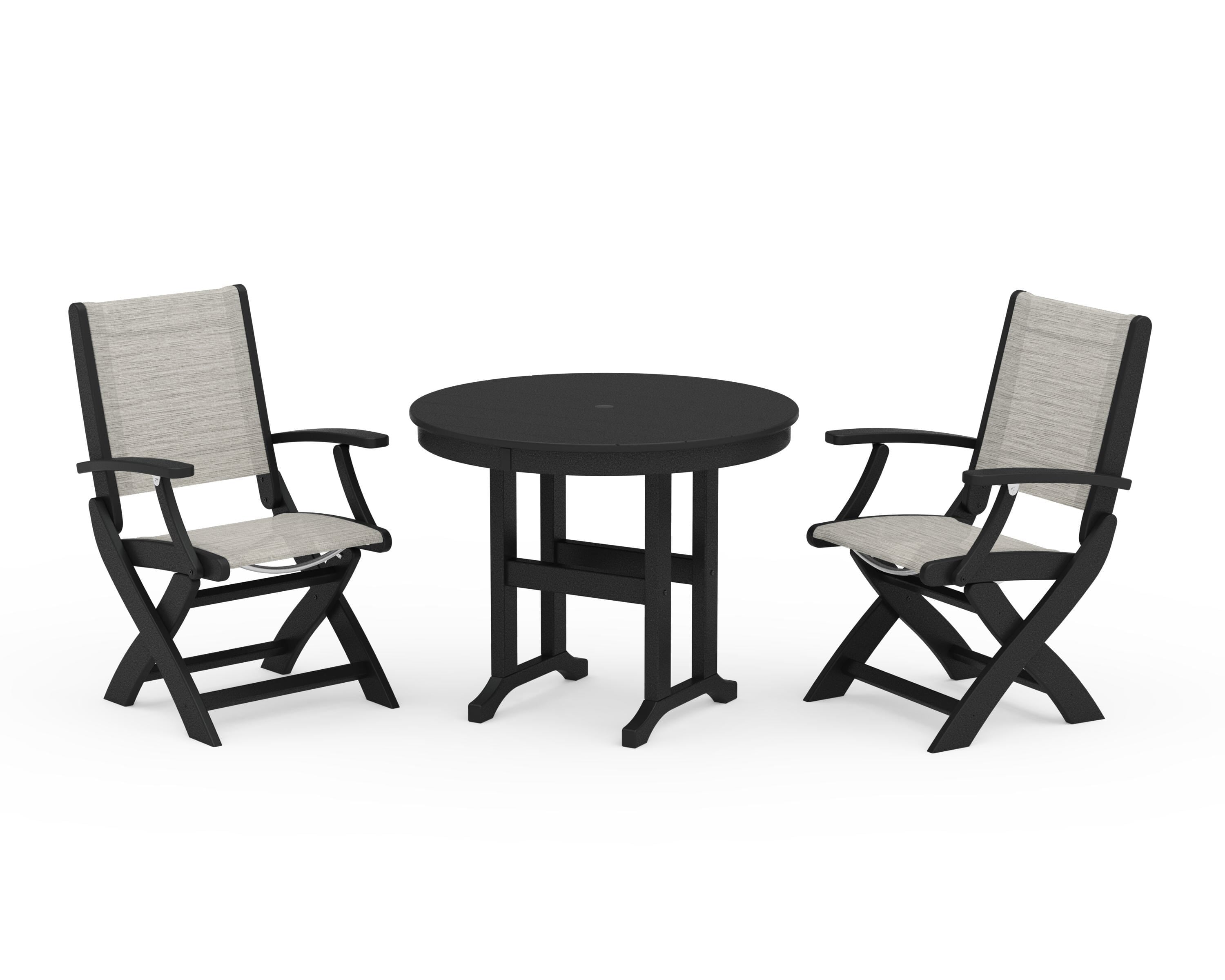 POLYWOOD® Coastal Folding Chair 3-Piece Round Dining Set in Black / Birch Sling