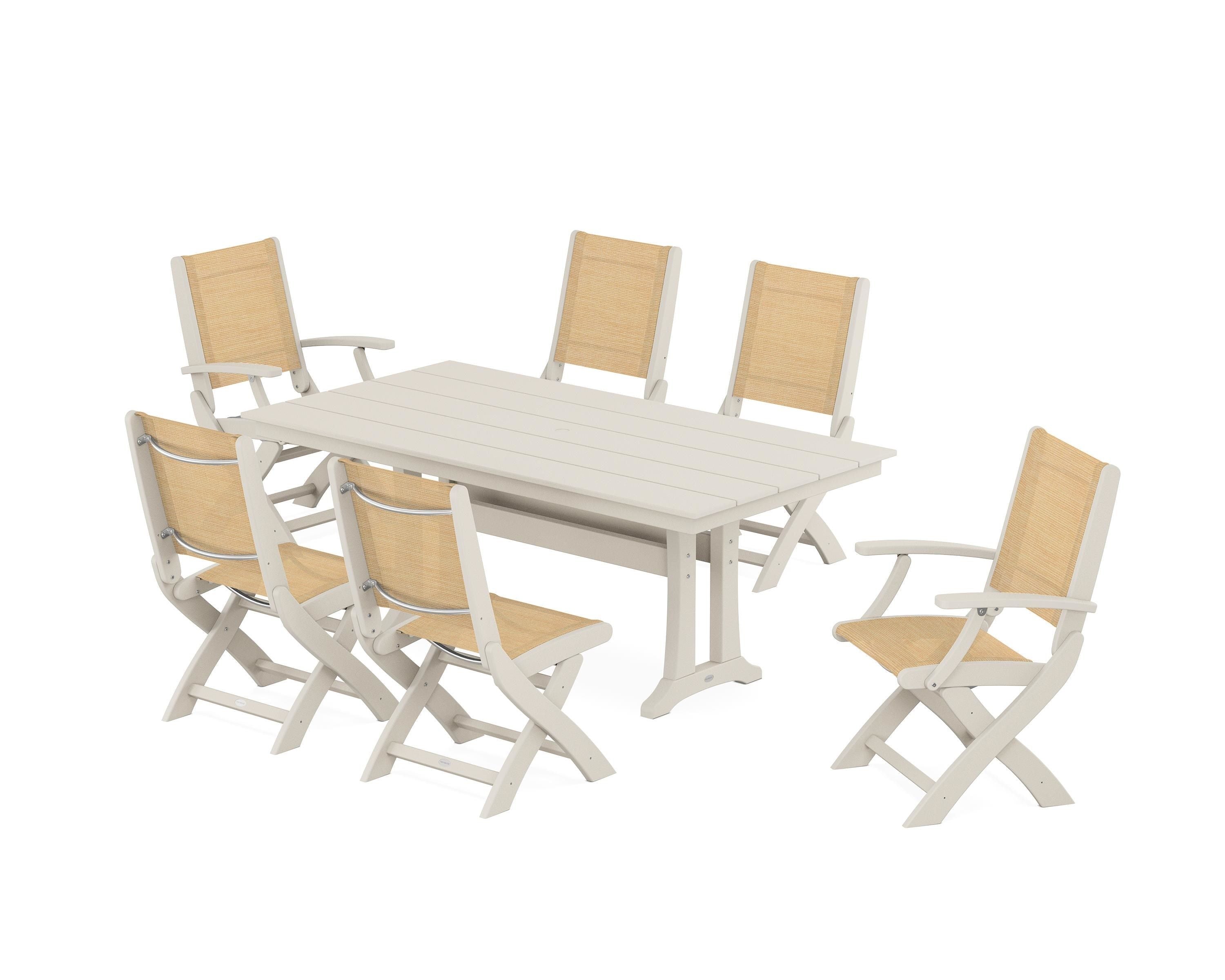 POLYWOOD® Coastal Folding Chair 7-Piece Farmhouse Dining Set with Trestle Legs in Sand / Dupioni Apricot Sling