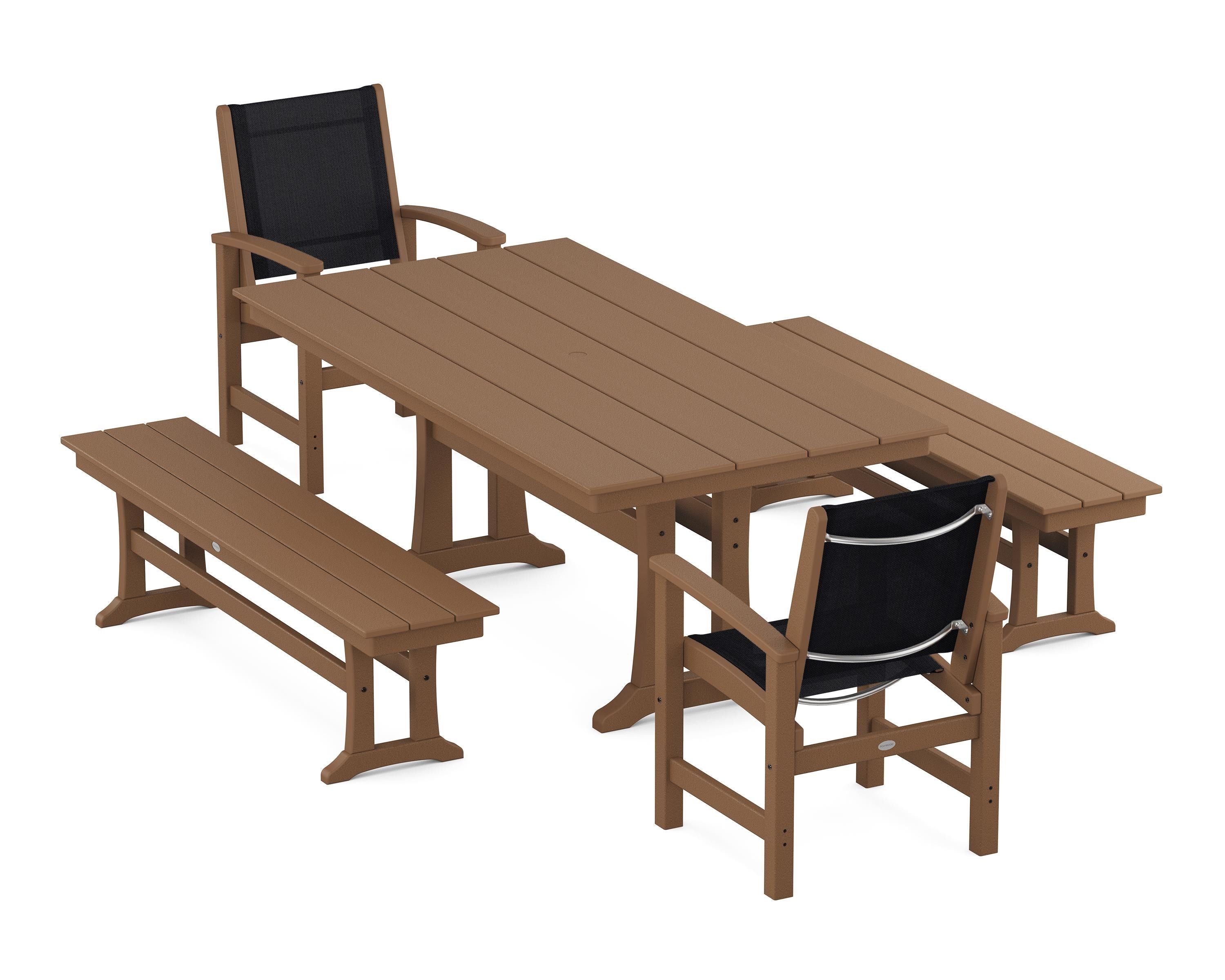 POLYWOOD® Coastal 5-Piece Farmhouse Dining Set with Trestle Legs and Benches in Teak / Black Sling
