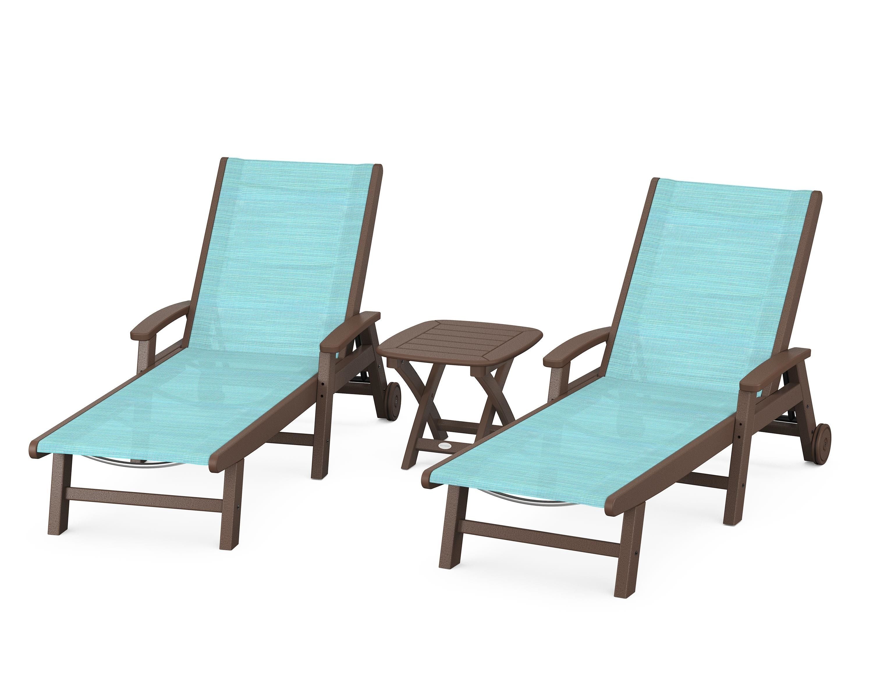 POLYWOOD® Coastal 3-Piece Wheeled Chaise Set in Mahogany / Dupioni Aquamarine Sling