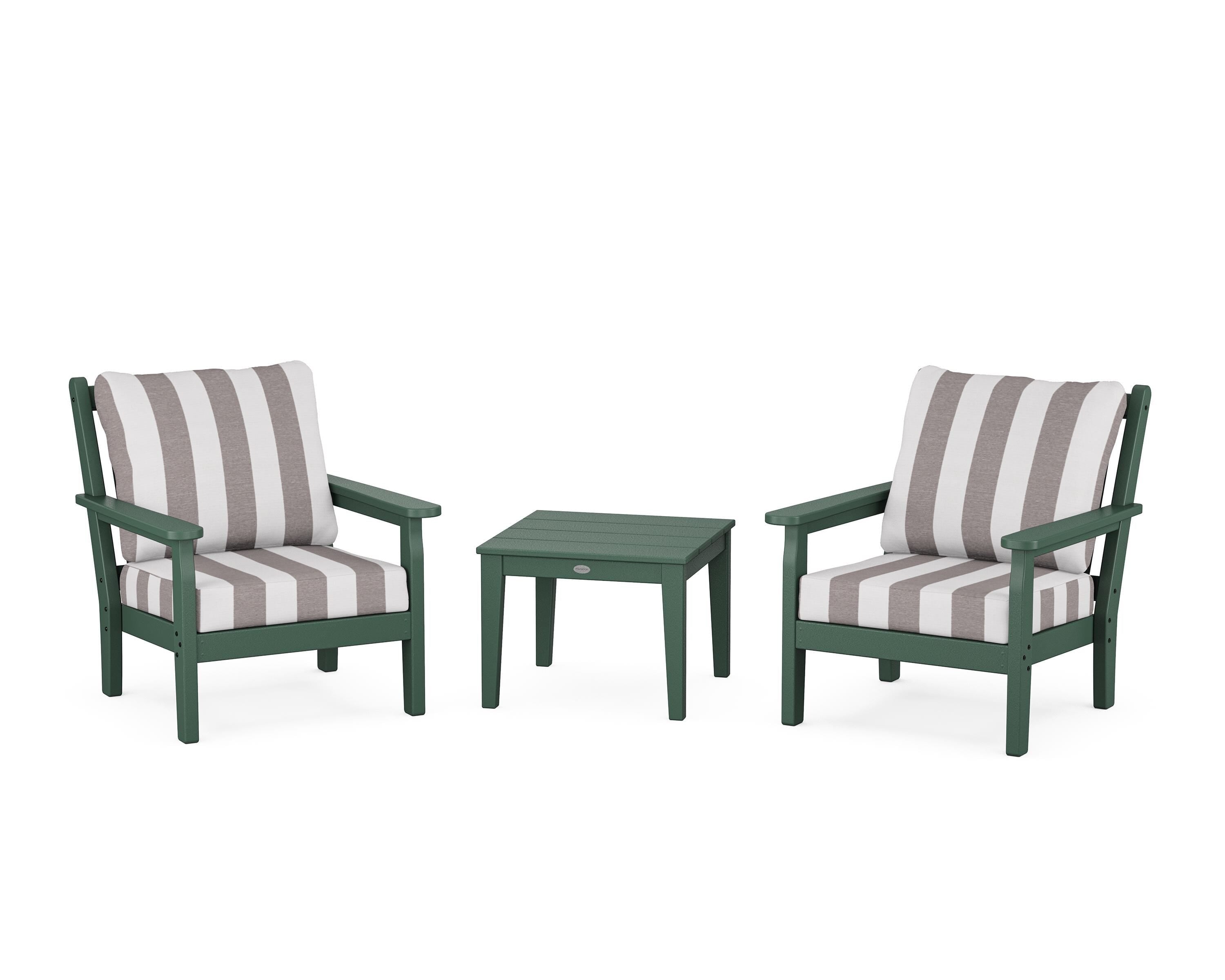 POLYWOOD® Chippendale 3-Piece Deep Seating Set in Green / Cabana Stripe Grey Mist