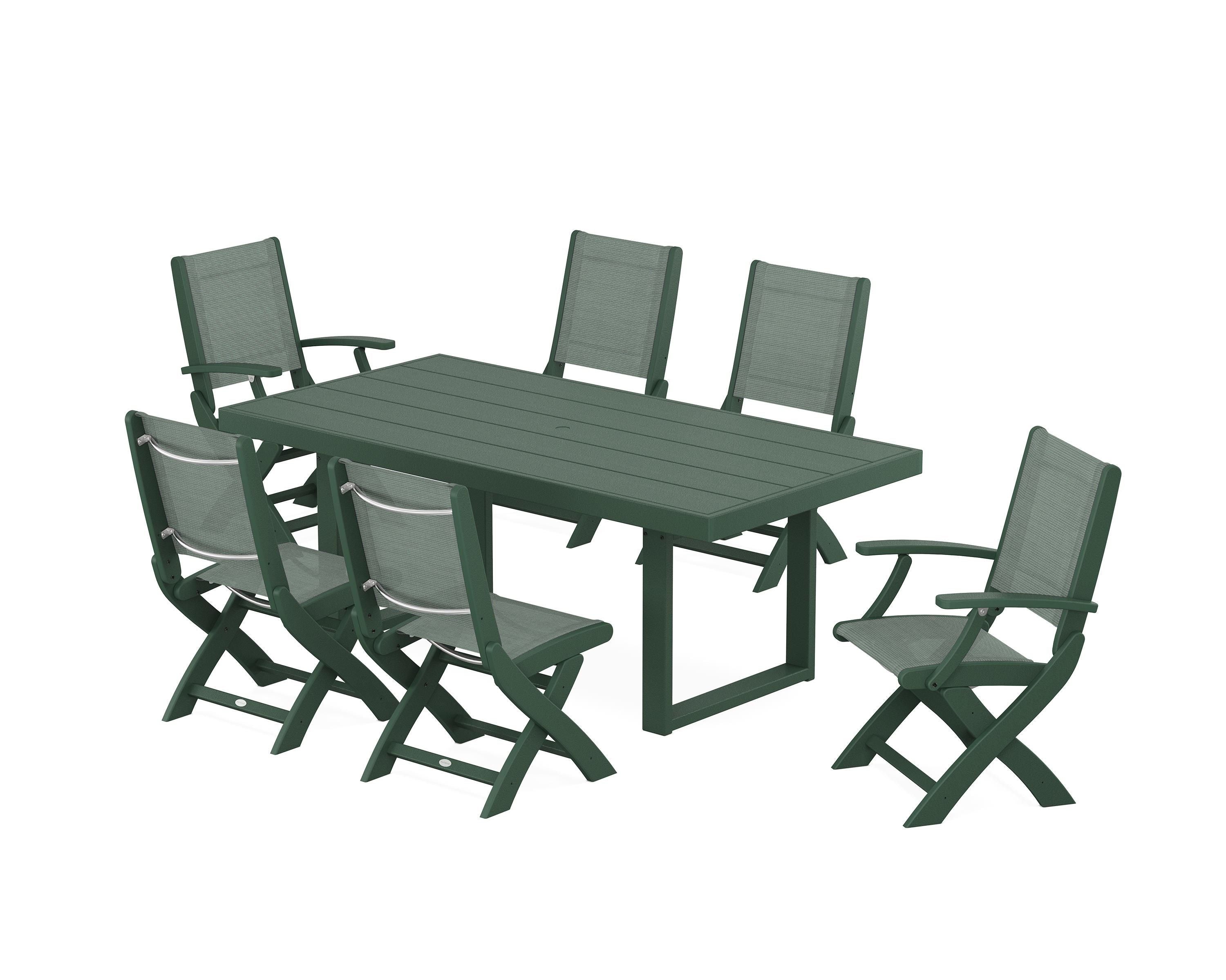 POLYWOOD® Coastal Folding Chair 7-Piece Dining Set with Trestle Legs in Green / Dupioni Sea Mist Sling