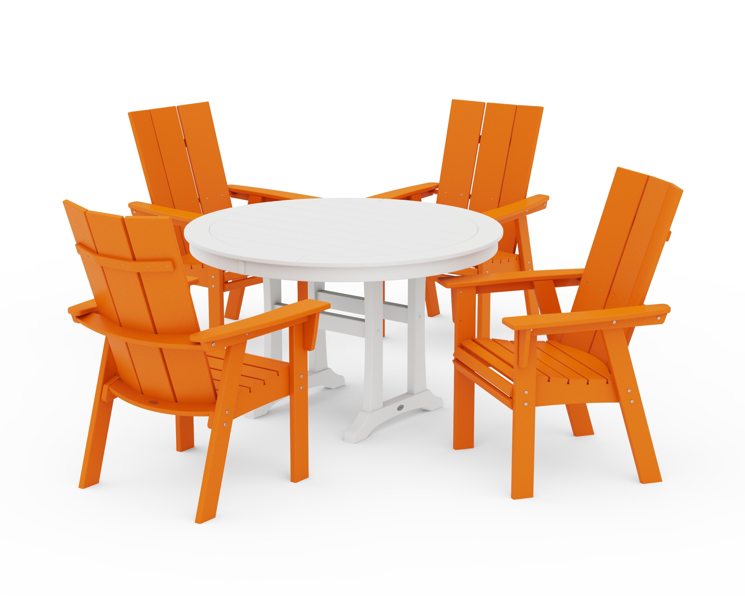 POLYWOOD® Modern Curveback Adirondack 5-Piece Nautical Trestle Dining Set in Tangerine / White