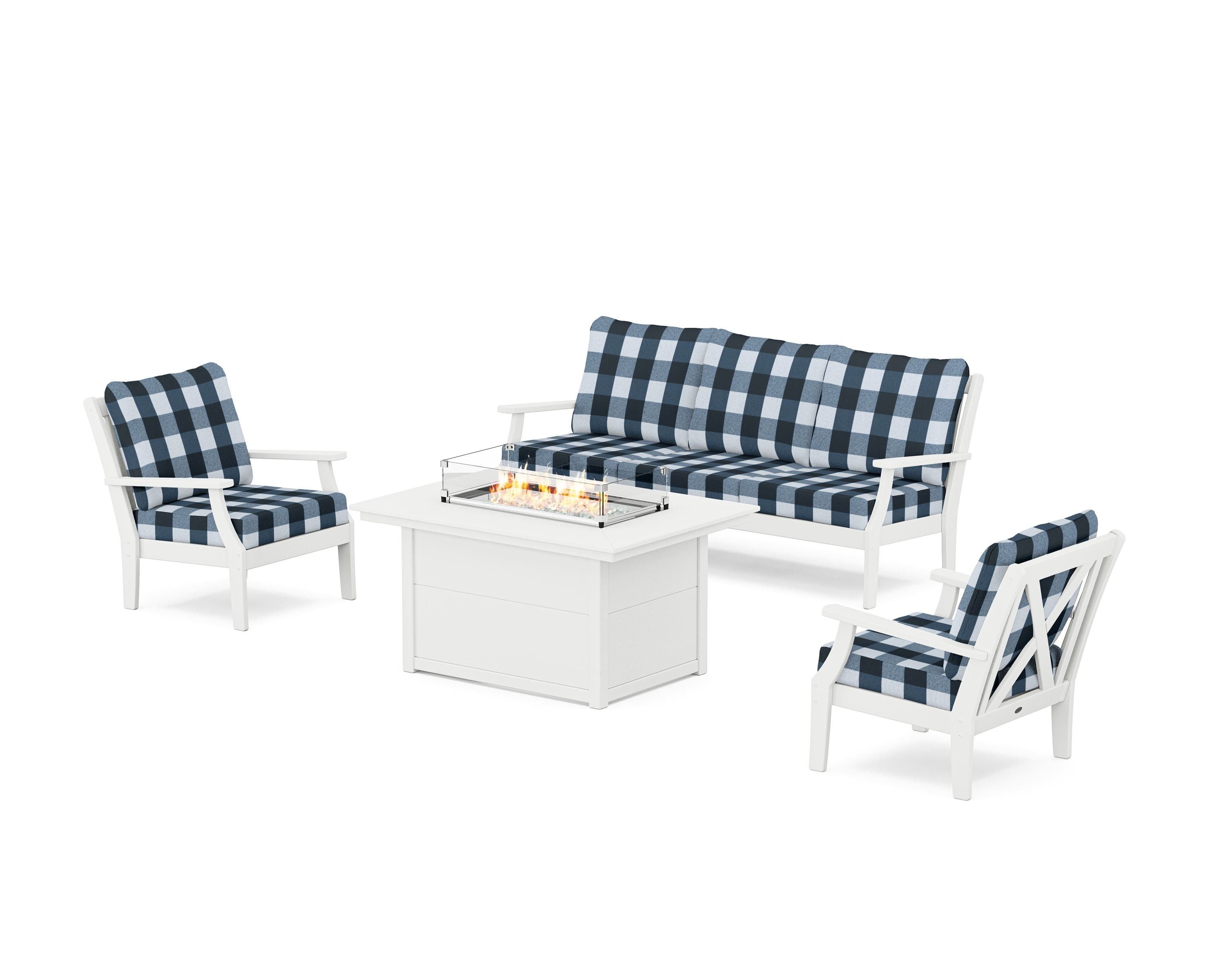 POLYWOOD® Braxton Deep Seating Fire Pit Table Set in White / Buffalo Plaid Marine Indigo