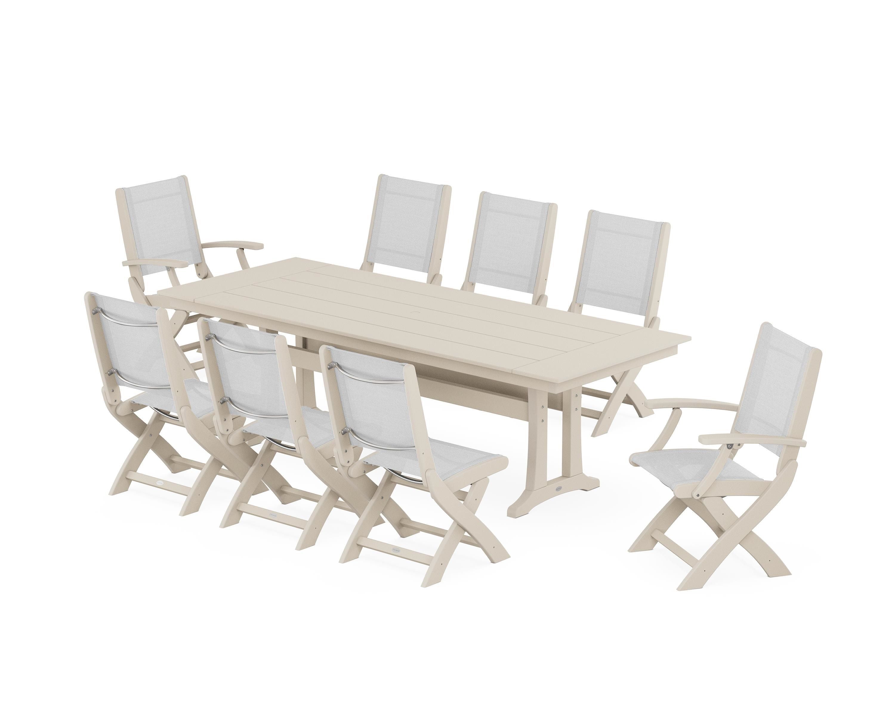 POLYWOOD® Coastal 9-Piece Folding Dining Chair Farmhouse Dining Set with Trestle Legs in Sand / White Sling