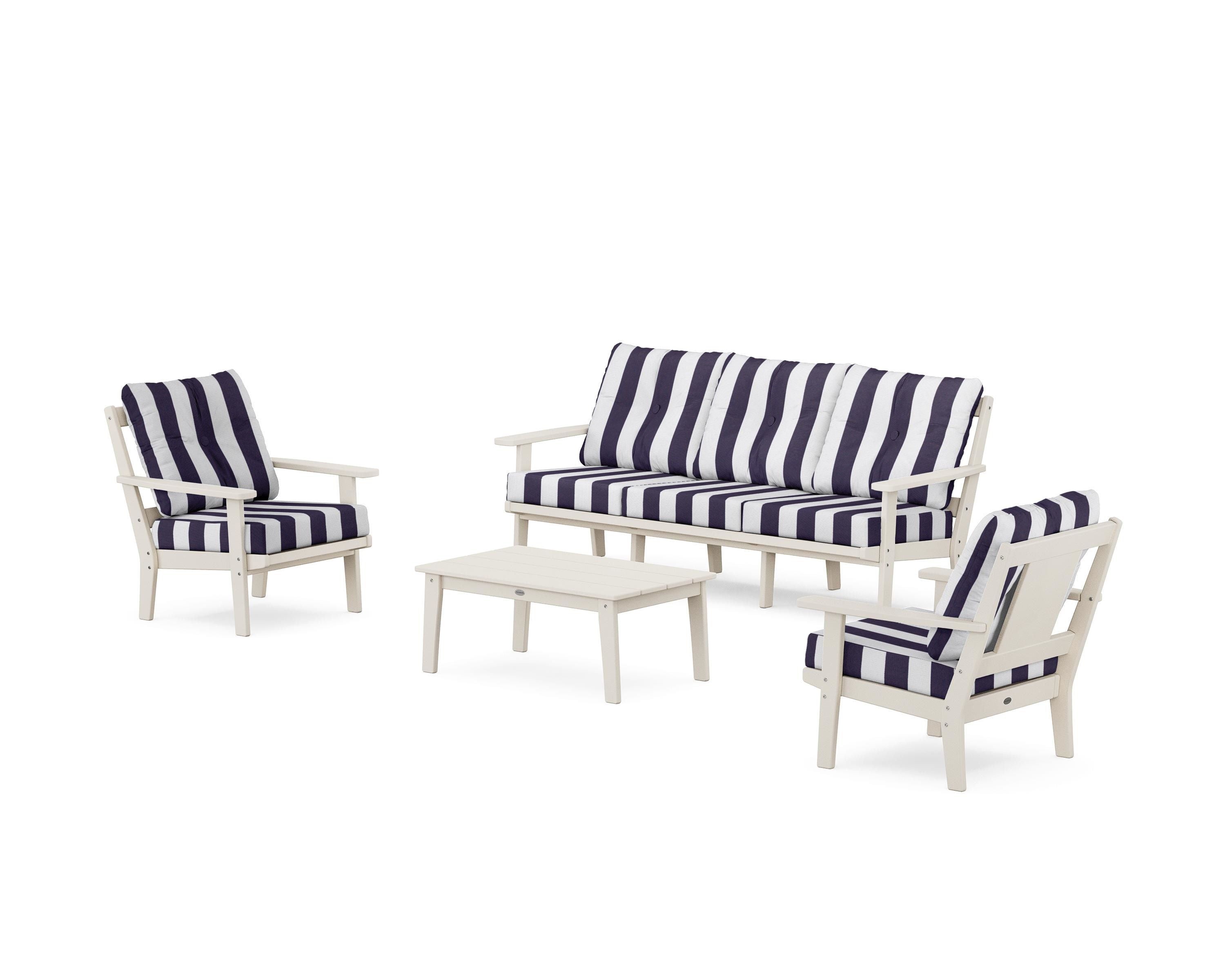 POLYWOOD® Prairie 4-Piece Deep Seating Set with Sofa in Sand / Cabana Stripe Navy