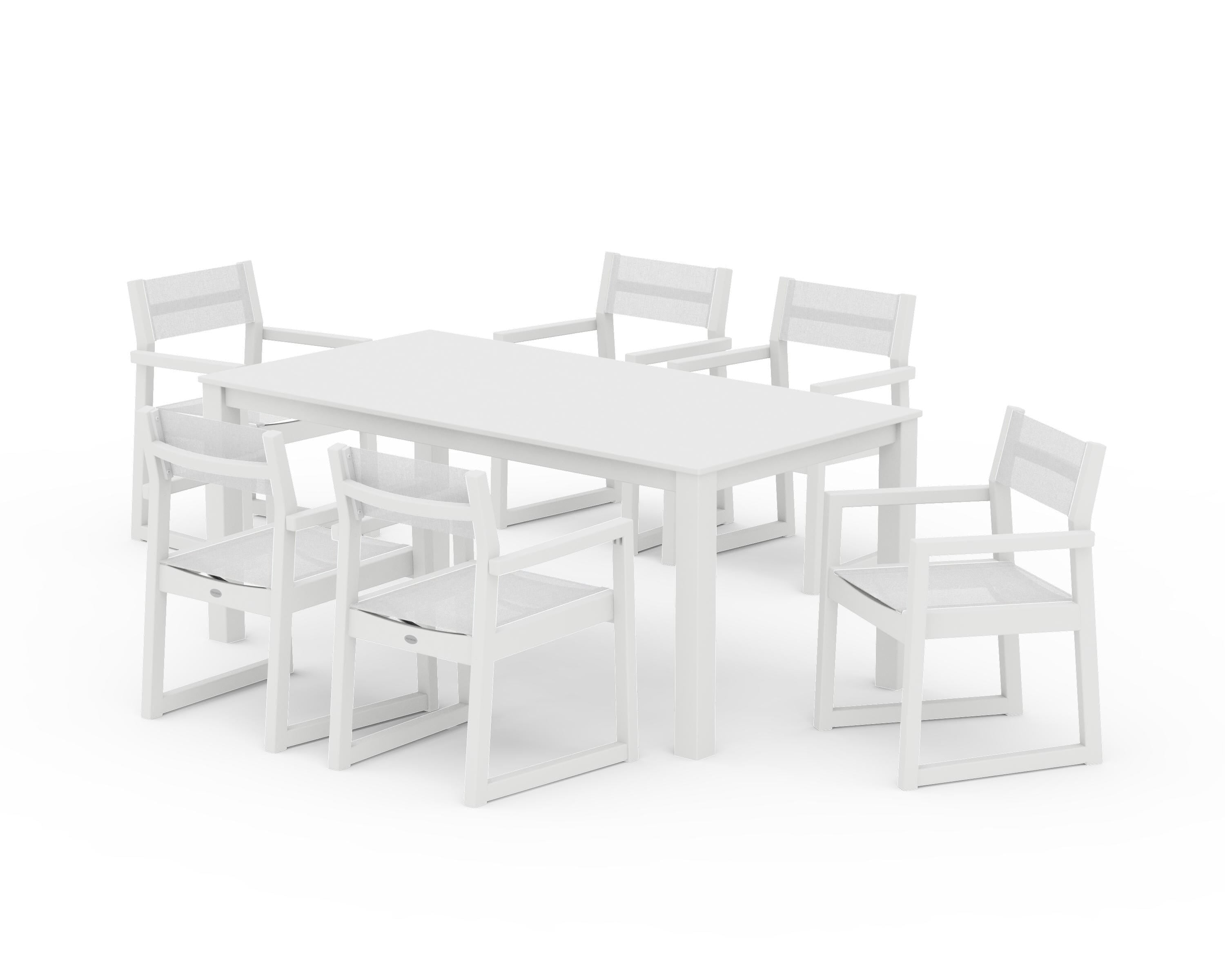 POLYWOOD® EDGE Sling Arm Chair 7-Piece Parsons Dining Set in White / White Sling