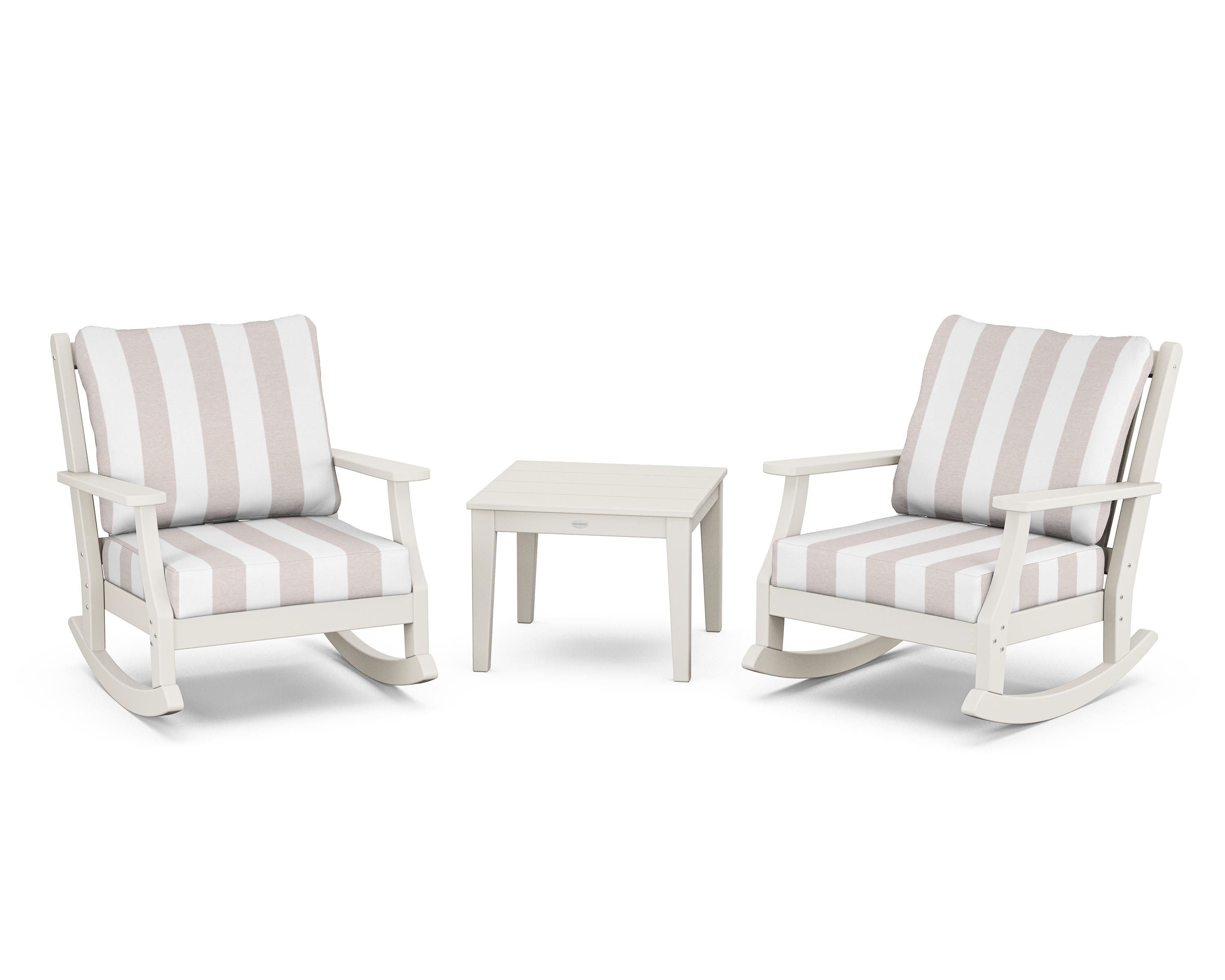 Country Living Wovendale 3-Piece Deep Seating Rocker Set in Sand / Cabana Stripe Dune Burlap