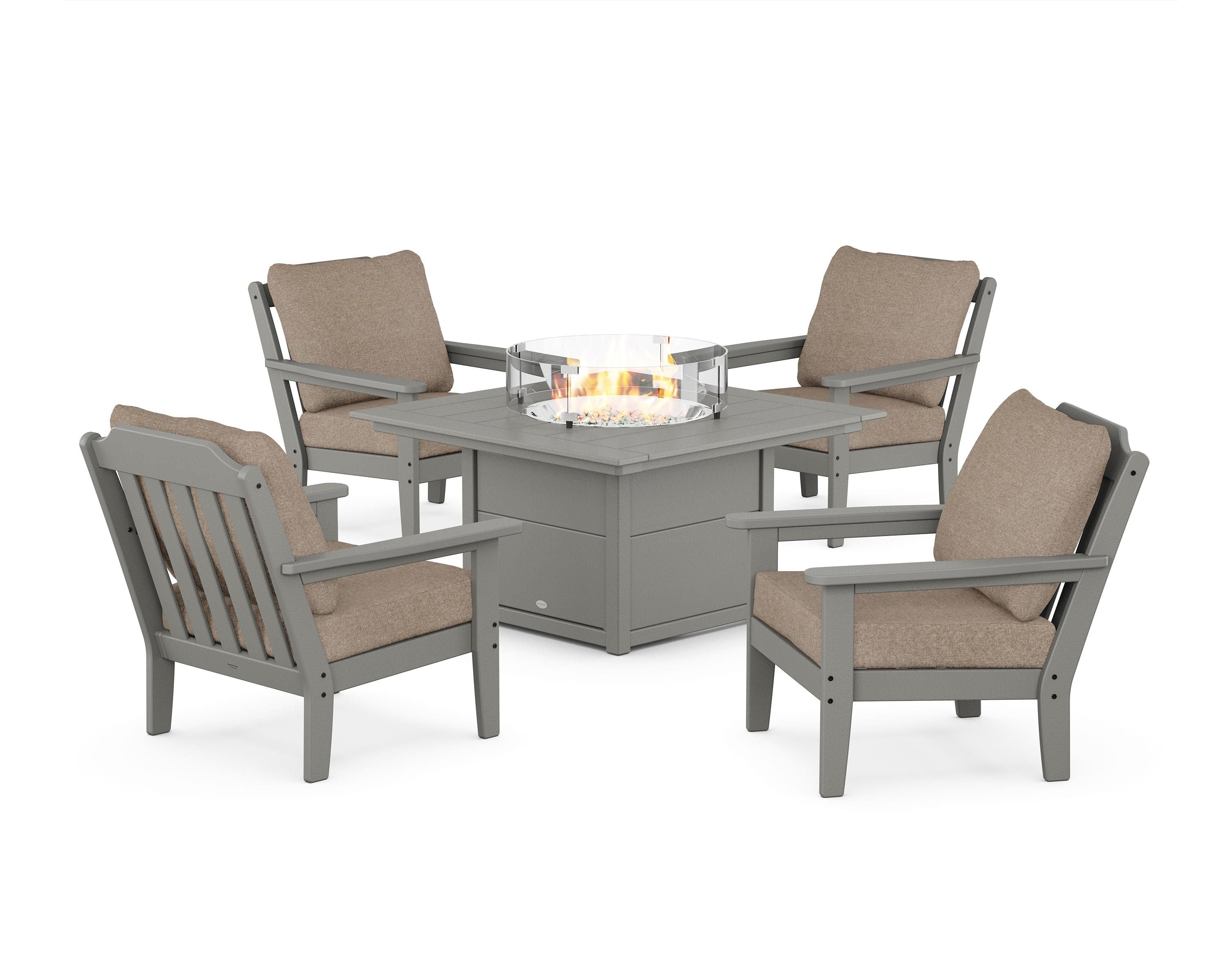 Country Living Cottage 5-Piece Deep Seating Set with Fire Pit Table in Slate Grey / Spiced Burlap