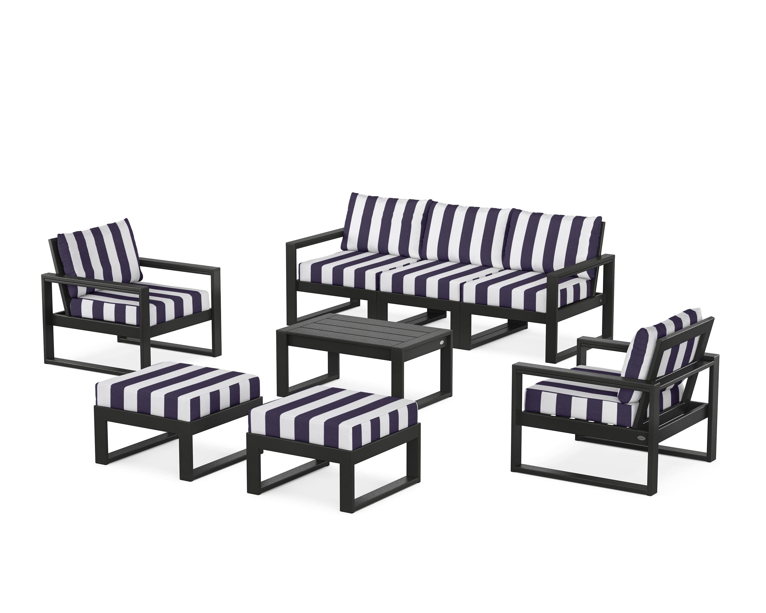 POLYWOOD® EDGE Sectional 8-Piece Lounge Sofa Set in Black / Cabana Stripe Navy