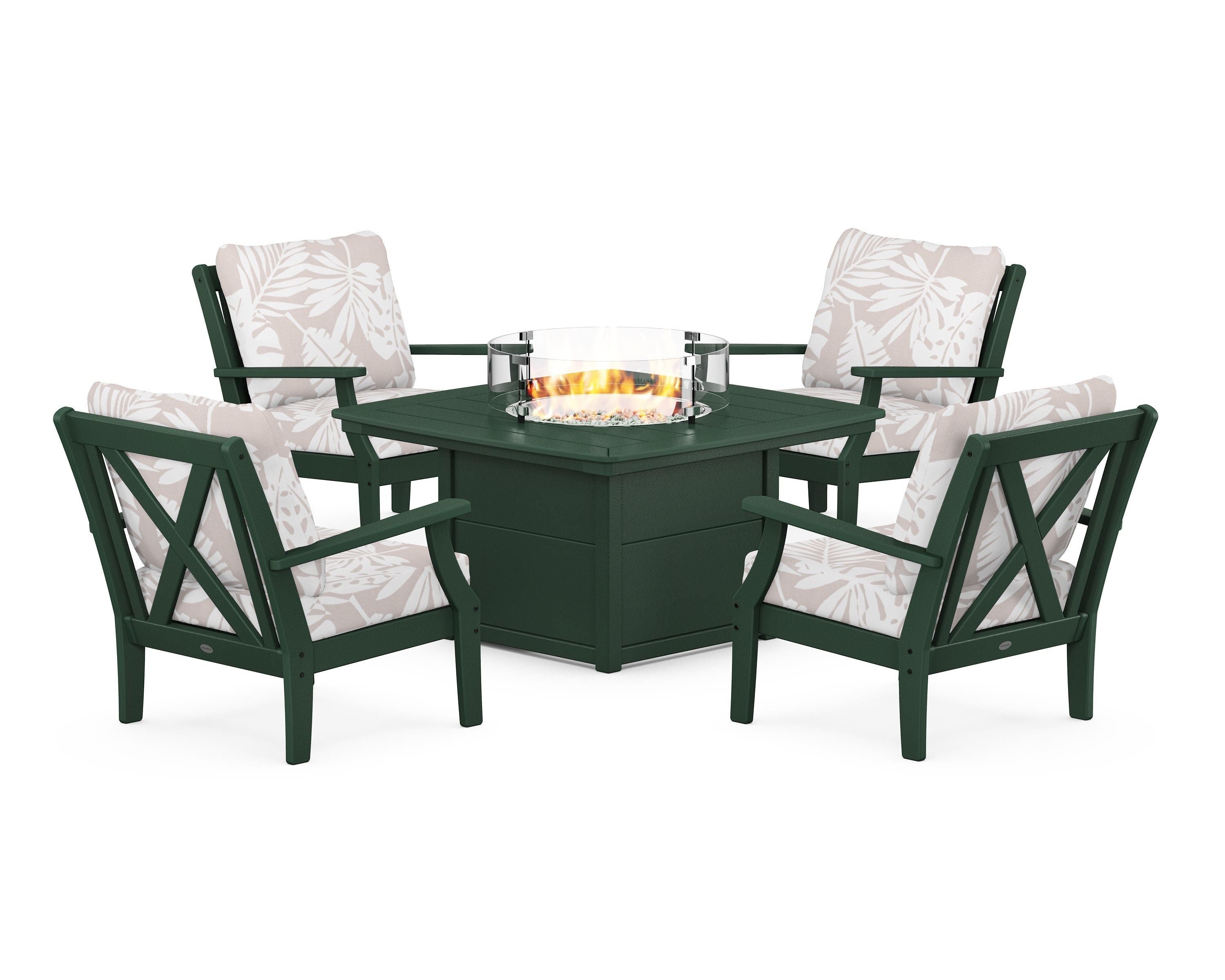 POLYWOOD® Braxton 5-Piece Deep Seating Conversation Set with Fire Pit Table in Green / Leaf Dune Burlap