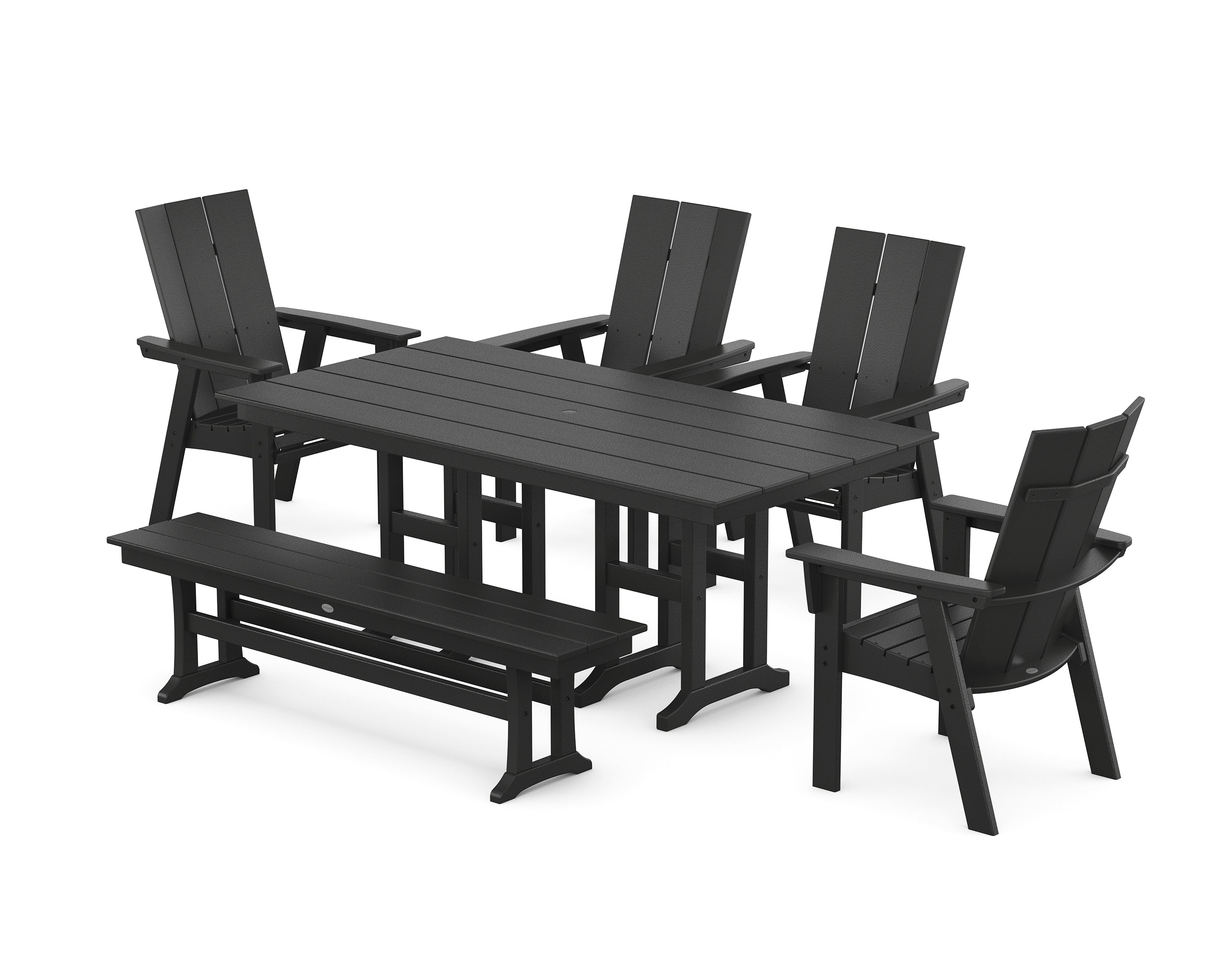 POLYWOOD® Modern Curveback Adirondack 6-Piece Farmhouse Dining Set with Bench in Black