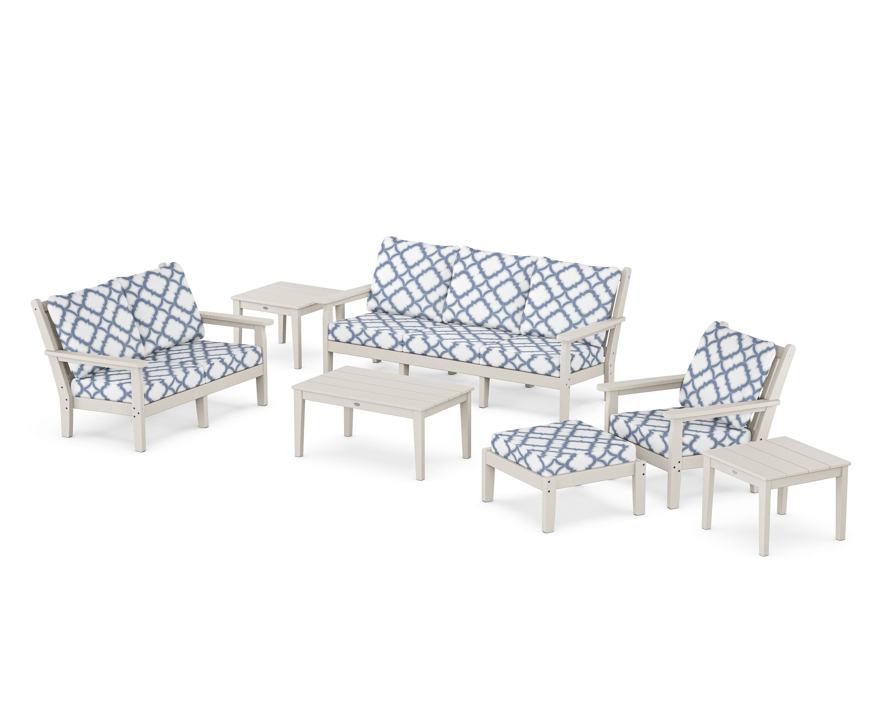 POLYWOOD® Chippendale 7-Piece Deep Seating Set in Sand / Trellis Sky Blue