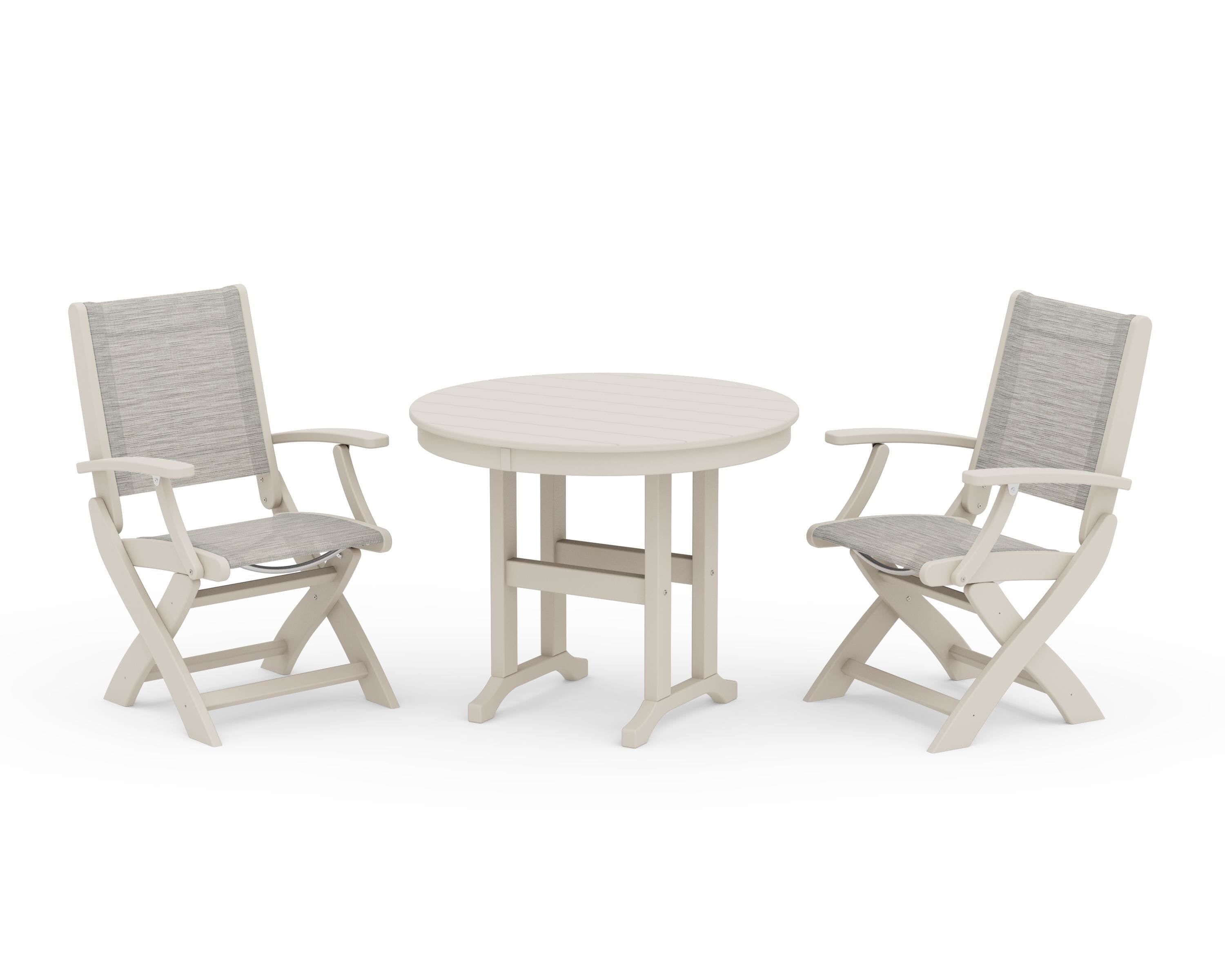 POLYWOOD® Coastal Folding Chair 3-Piece Round Dining Set in Sand / Birch Sling