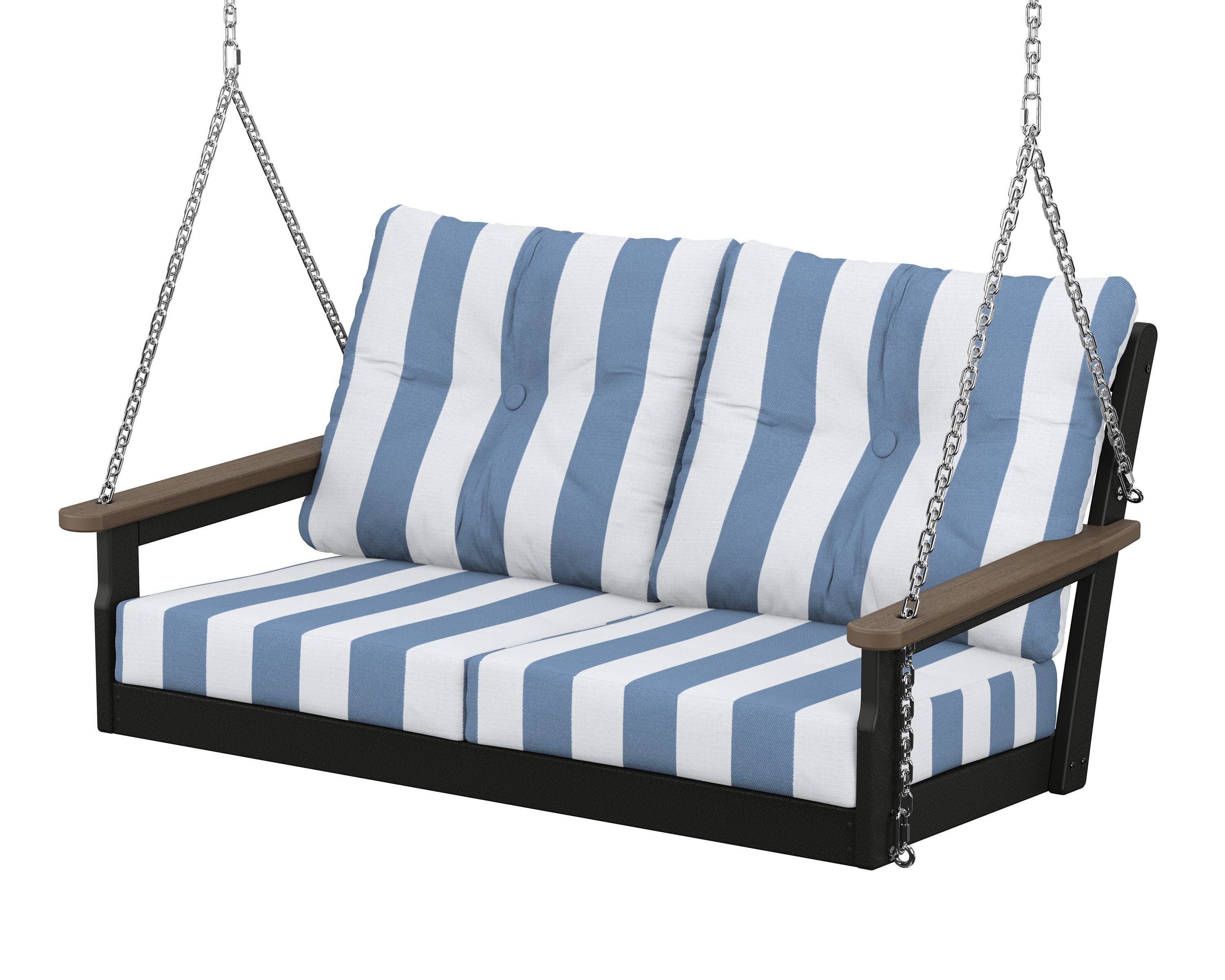 POLYWOOD® Vineyard Deep Seating Swing in Black / Kona / Cabana Stripe Sky Blue