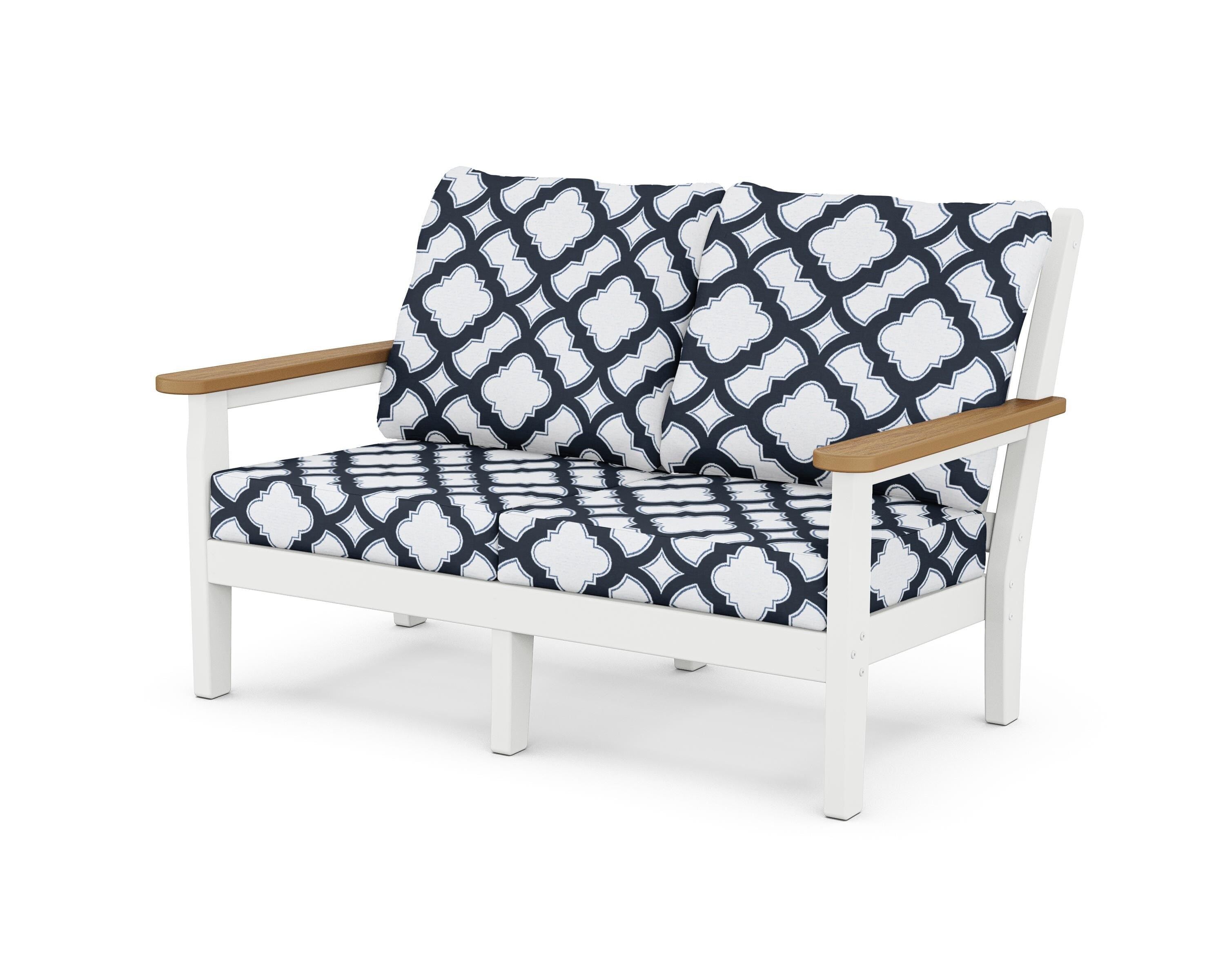 POLYWOOD® Chippendale Deep Seating Loveseat in White / Natural / Trellis Marine Indigo