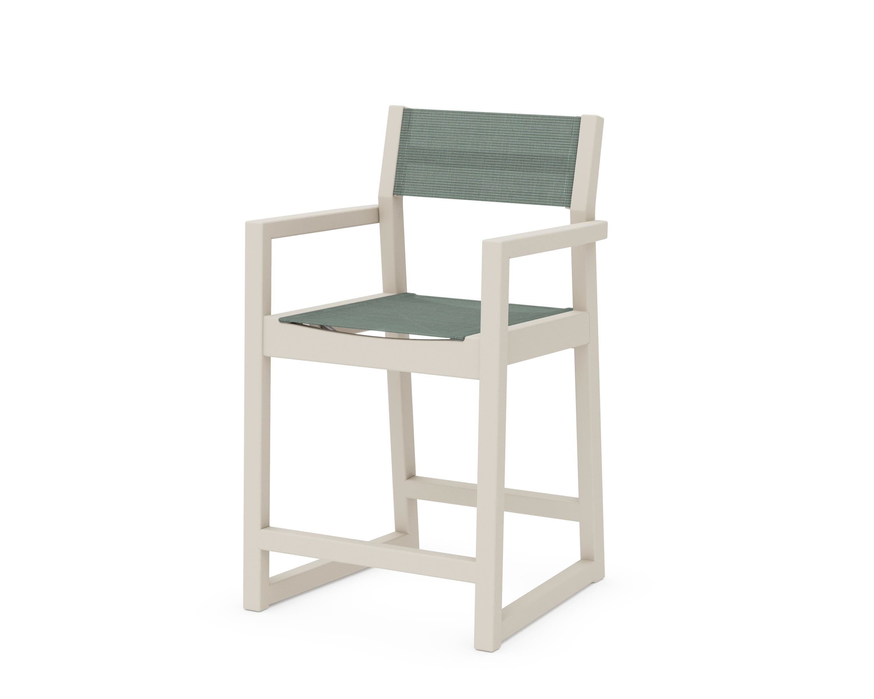 POLYWOOD® EDGE Sling Counter Arm Chair in Sand / Dupioni Sea Mist Sling